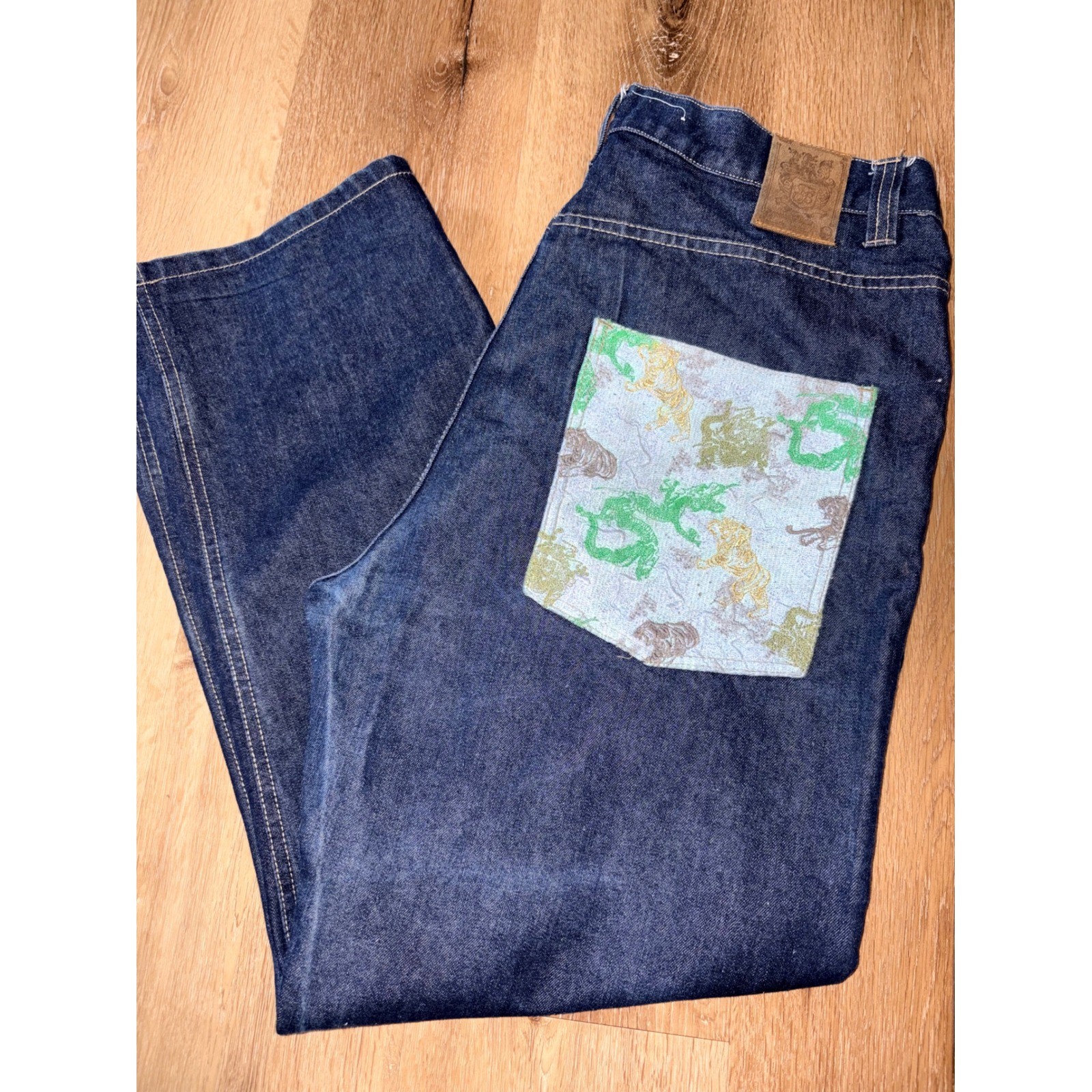 John Blaze Mens Vintage Baggy Indigo Jeans Dragon Tiger Graphic Pockets 38×30