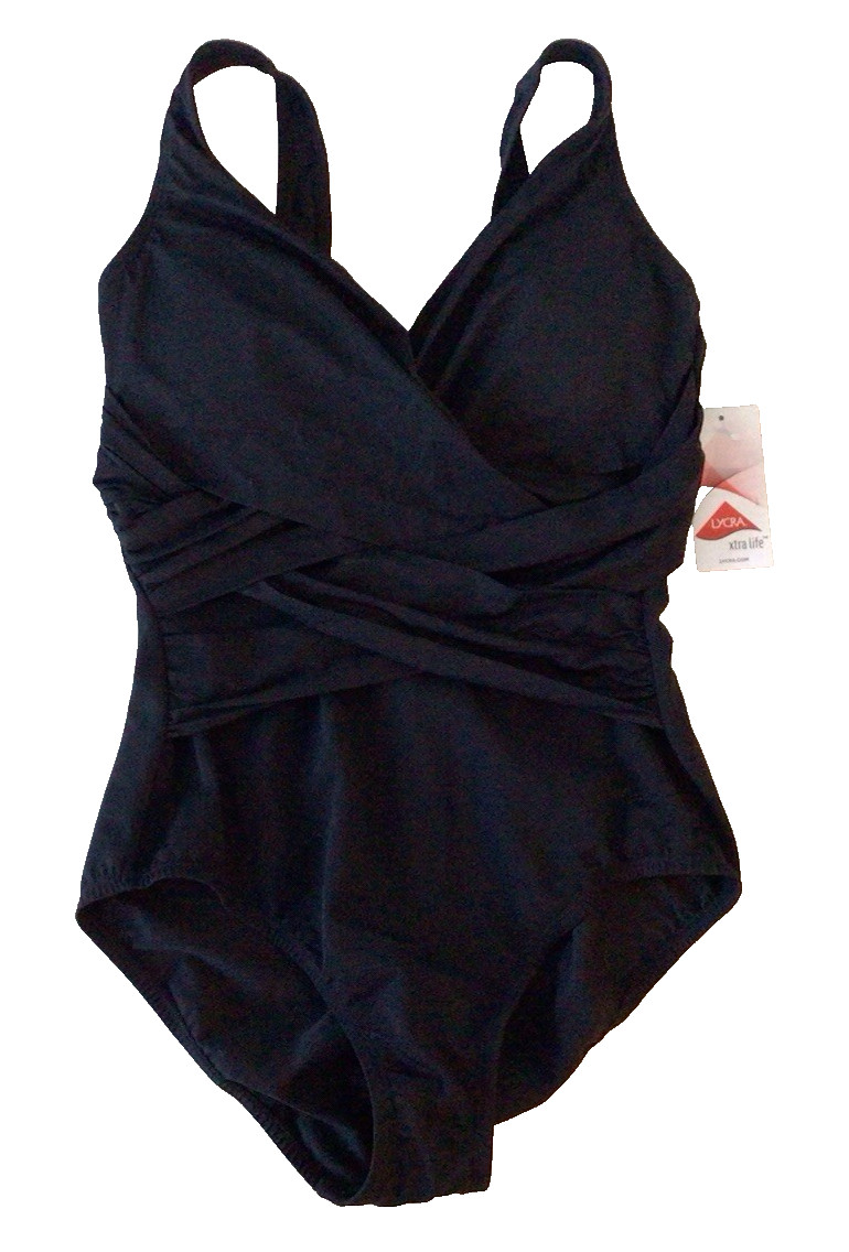 Lands’ End SlenderSuit Wrap One Piece Swimsuit Black Size 6 Tall Long Torso
