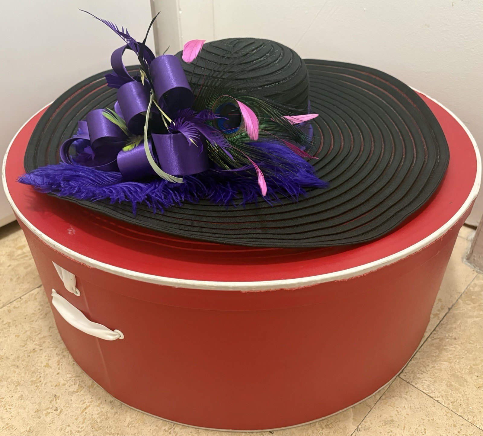 Black/Sheer Purple Peacock Feather Kentucky Derby Hat Wide Brim -The Willow Tree