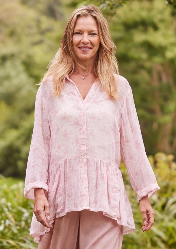 April Cornell Aimee Blouse XS Romantic Georgette Floral Pink Roll Up Lightweight