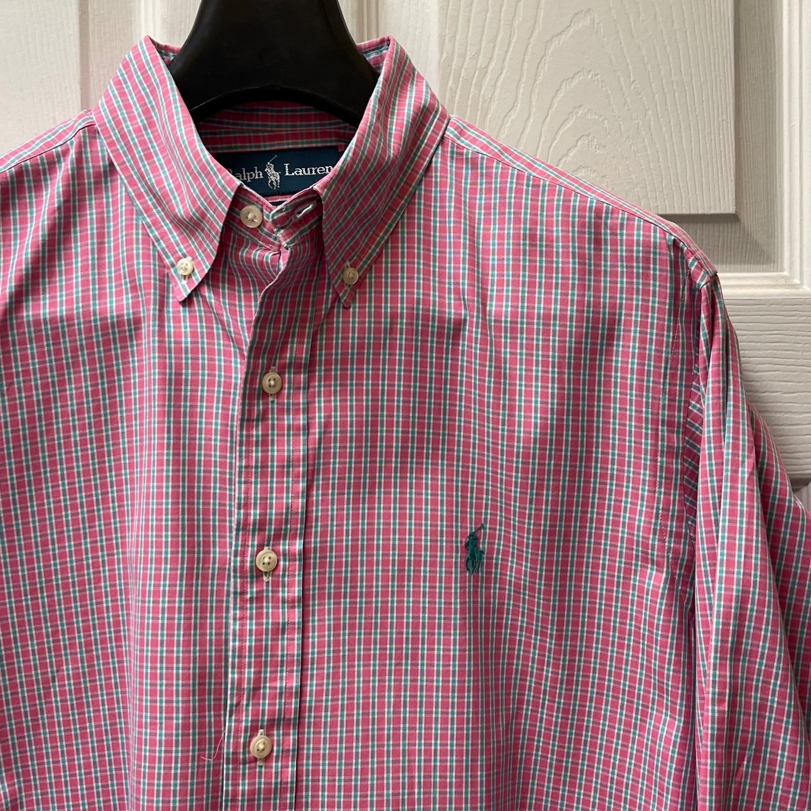 Polo Ralph Lauren Men’s 16.5 34/35 Pink Plaid L/S Oxford Classic Fit Pony