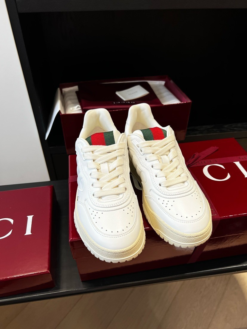 Gucci Men US11.5 White Leather Low Top Sneakers Web Stripe Vintage Thick Sole
