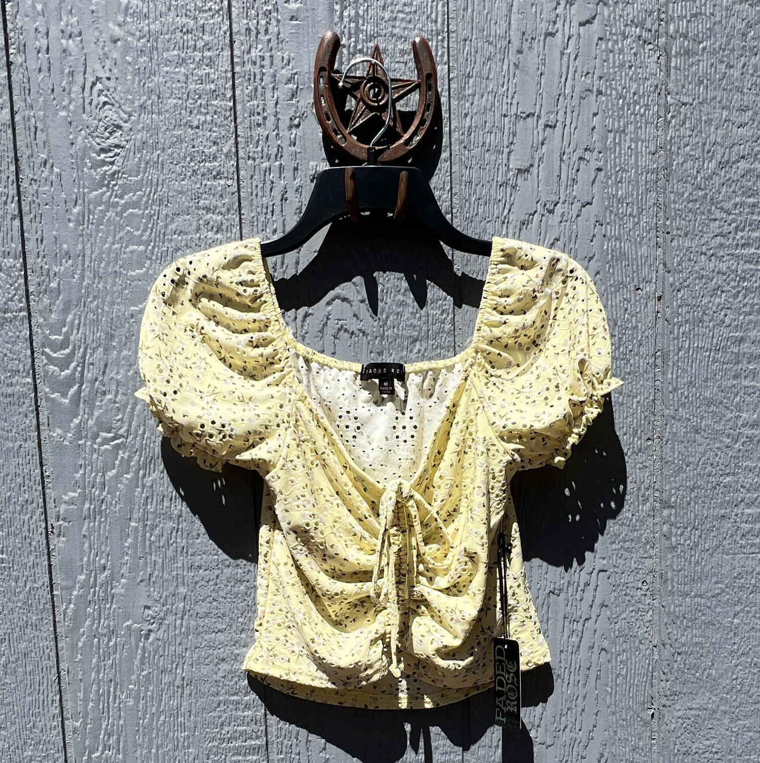 Faded Rose Women’s M Yellow Floral Eyelet Square Neck Puff Sleeve Tie Crop