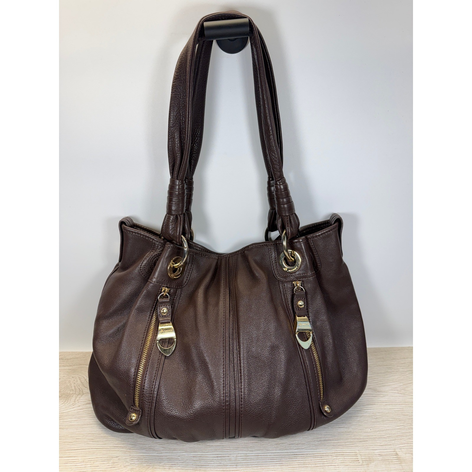 B Makowsky Women Large Shoulder Bag Brown Pebbled Leather Gold Leopard Hobo Boho