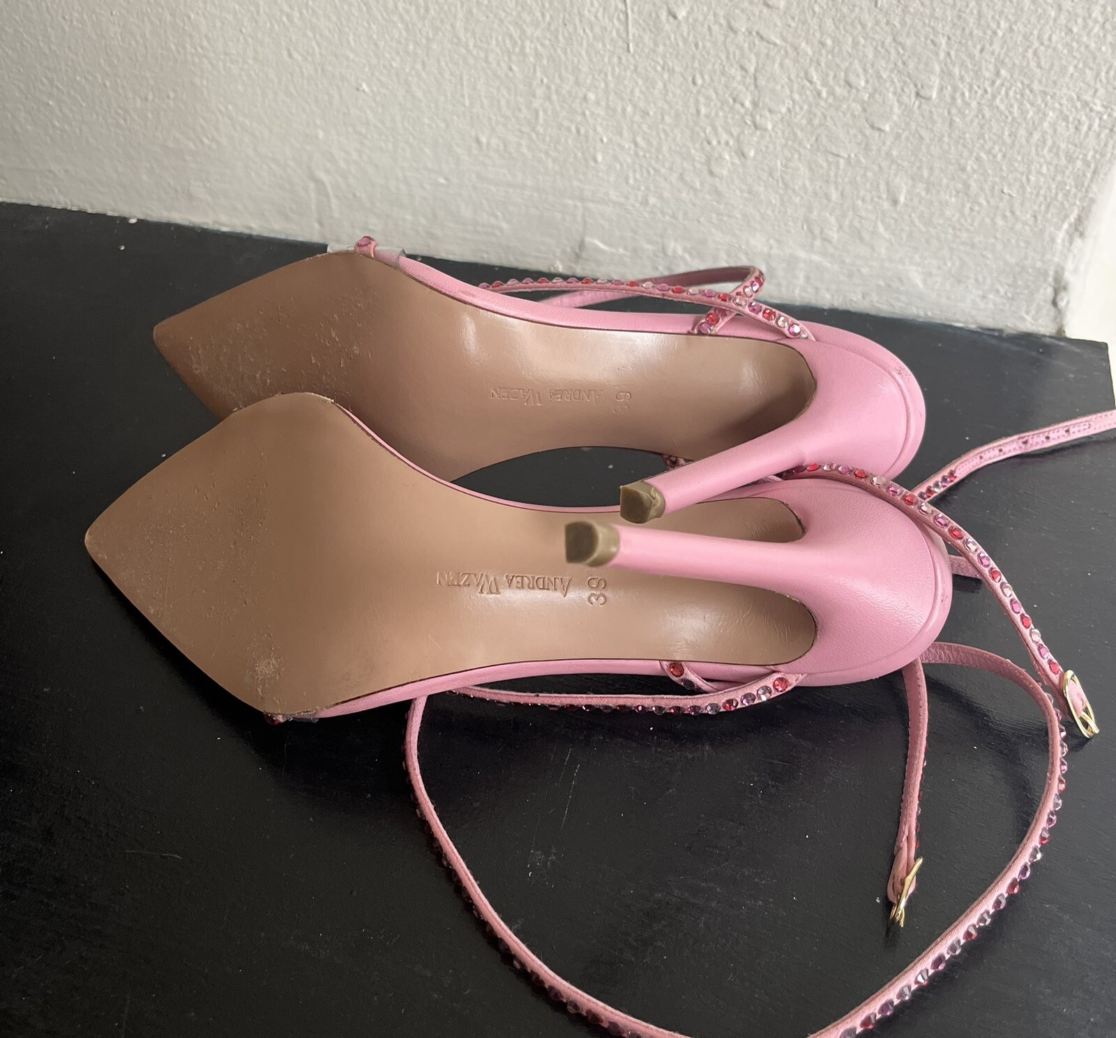 Andrea Wazen Dassy Crystal Pink Leather Heeled Satin Sandals Size 39