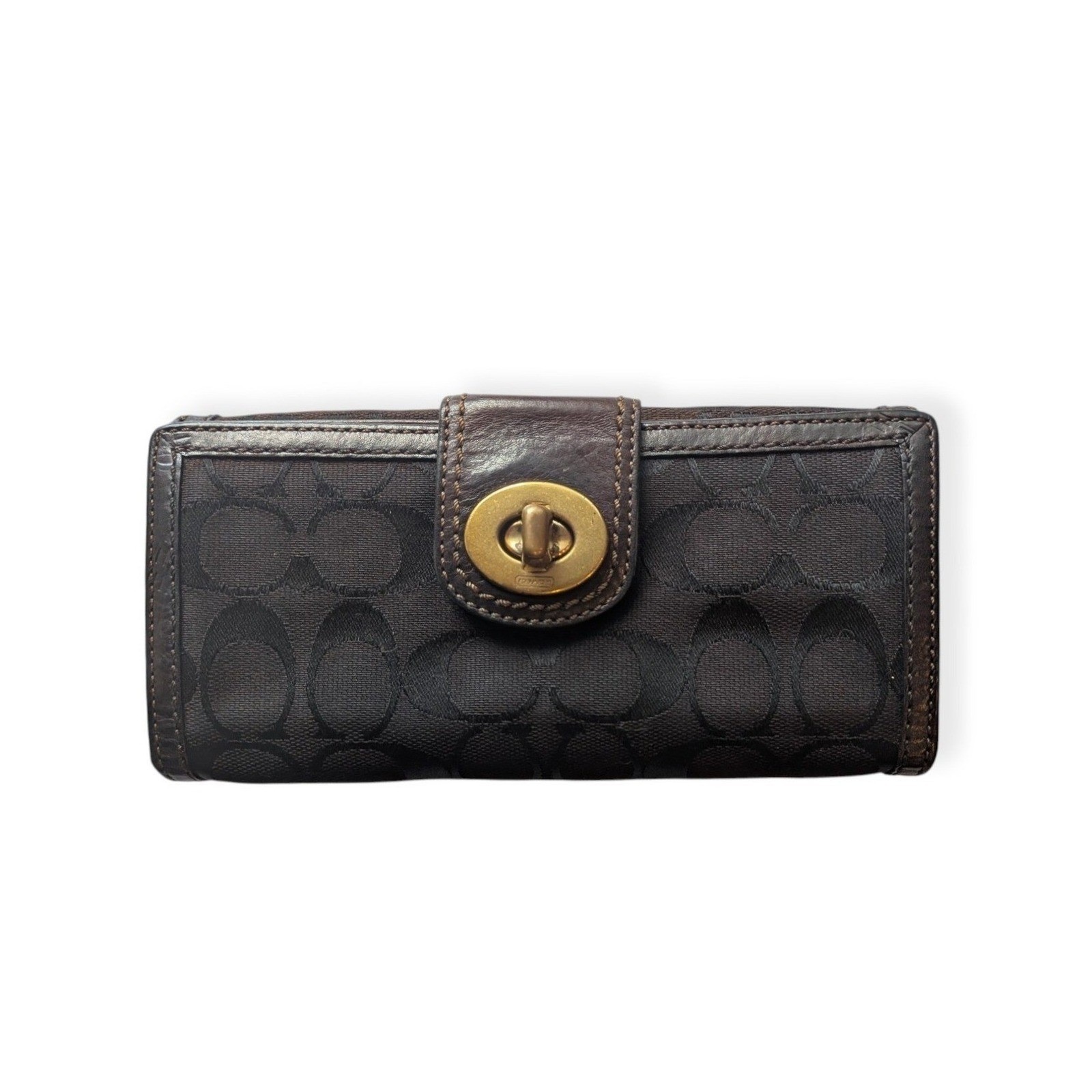 Coach Signature C Turnlock Wallet Women Brown Canvas Jacquard Leather Folding