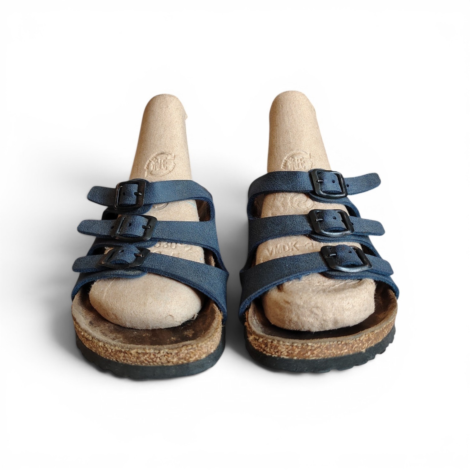 Birkenstock Men’s Blue Leather 3-Buckle Slide Sandals Cork Insole US 6