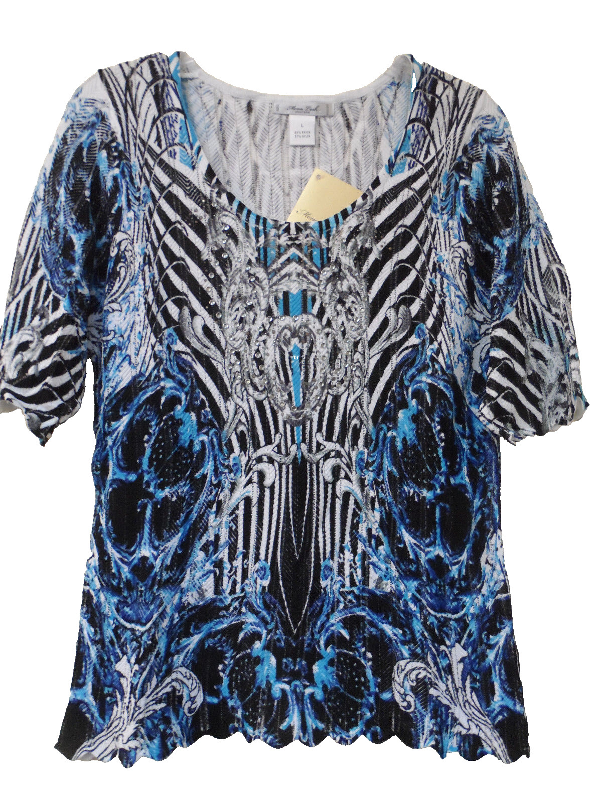 Mona Leah Paris N.Y. Couture Women L Stretch Rhinestone Multi Blue BlouseTop NWT