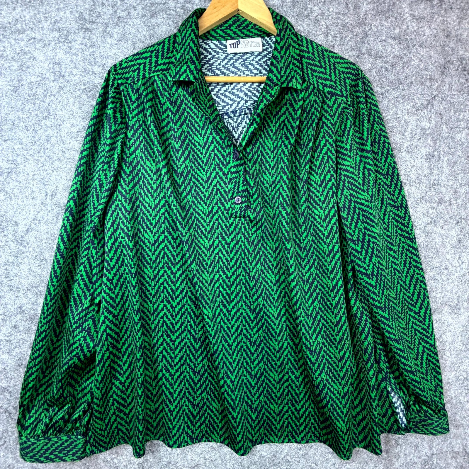 Vintage Top Notch Popover Top Womens Green Herringbone Pleated Secretary Blouse