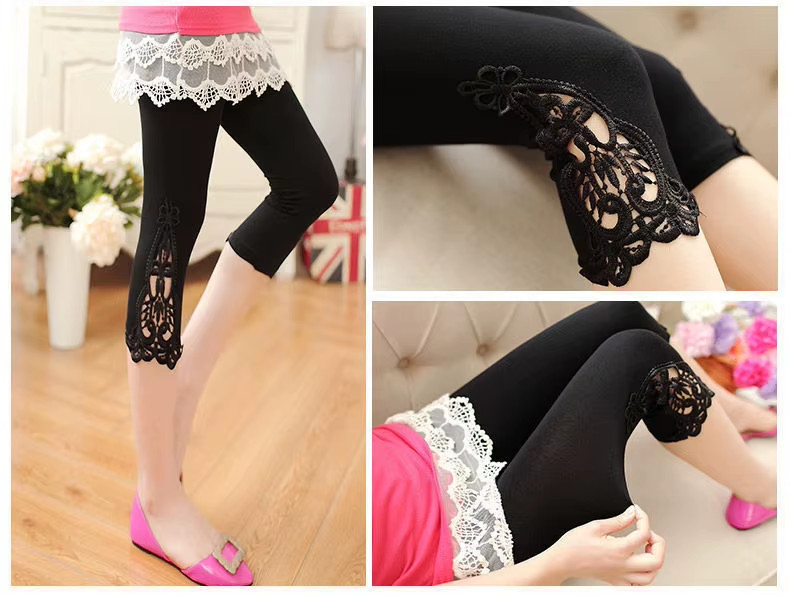 Women’s High-Waist Lace Stretch Capri Leggings – Knee-Length Sports & Fitness Pa