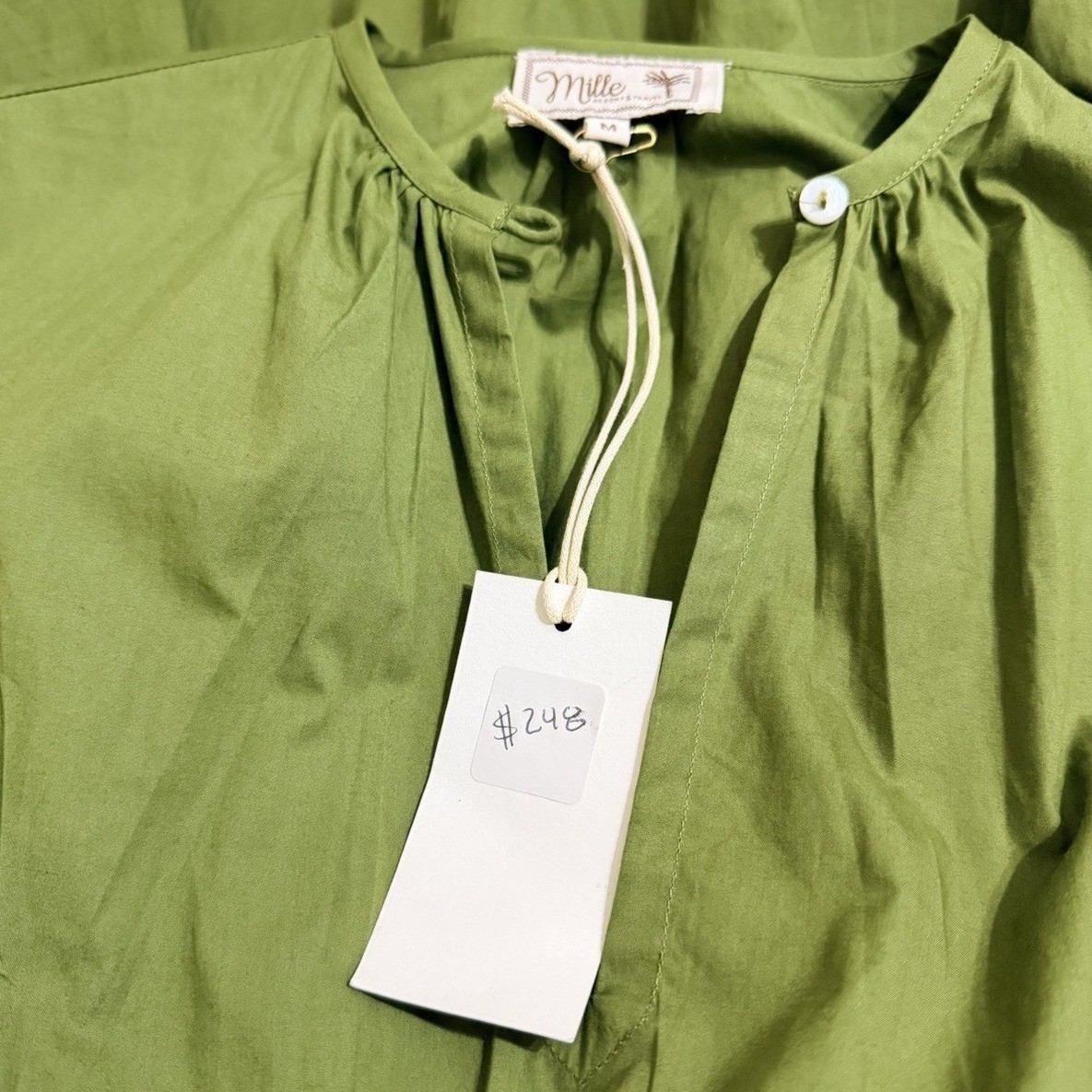 Mille Resort & Travel Saffron Midi Dress M Women Green Olive Puff Sleeve Cotton