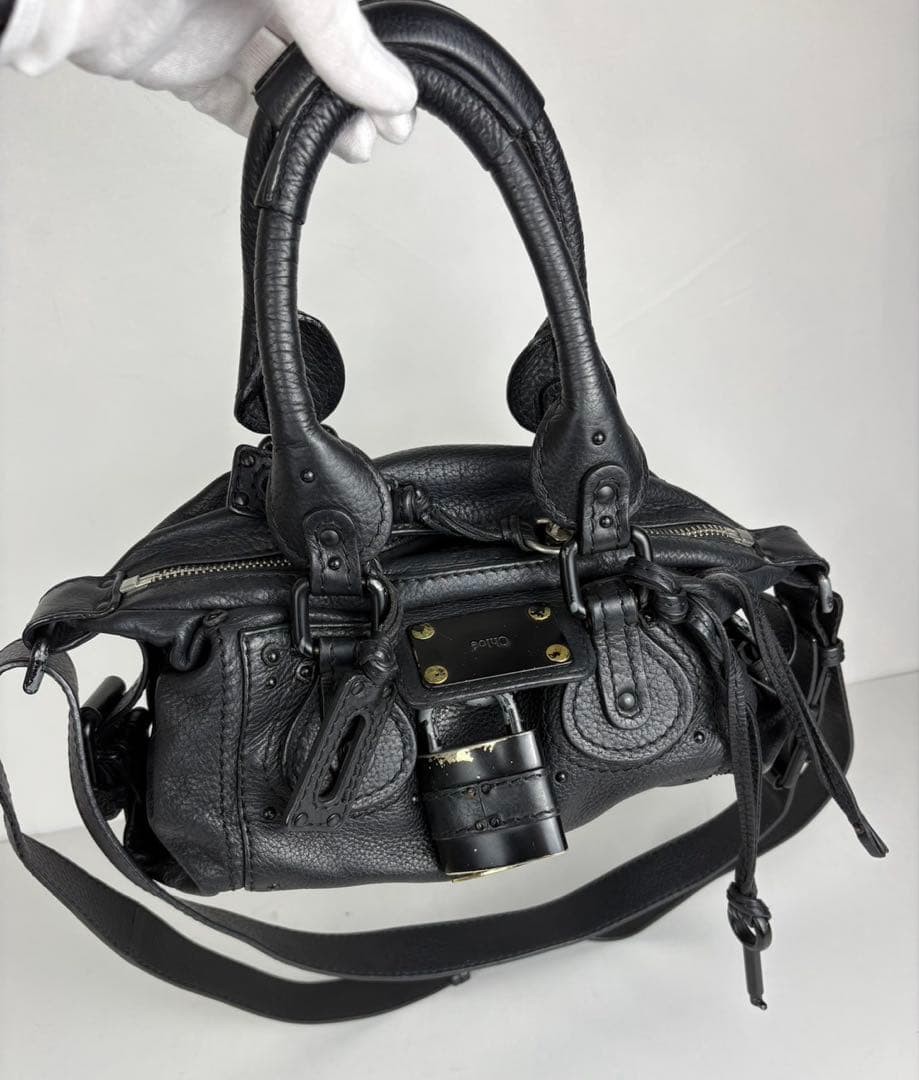 Chloe Paddington Mini Handbag All Black Leather Tote Lock Padlock Auth Rare