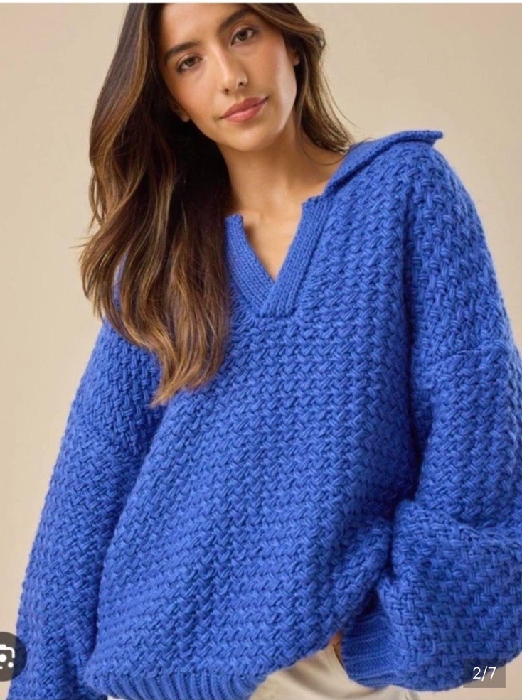 Altar’d State Womens L Blue Chunky Knit V-Neck Oversized Pullover Sweater