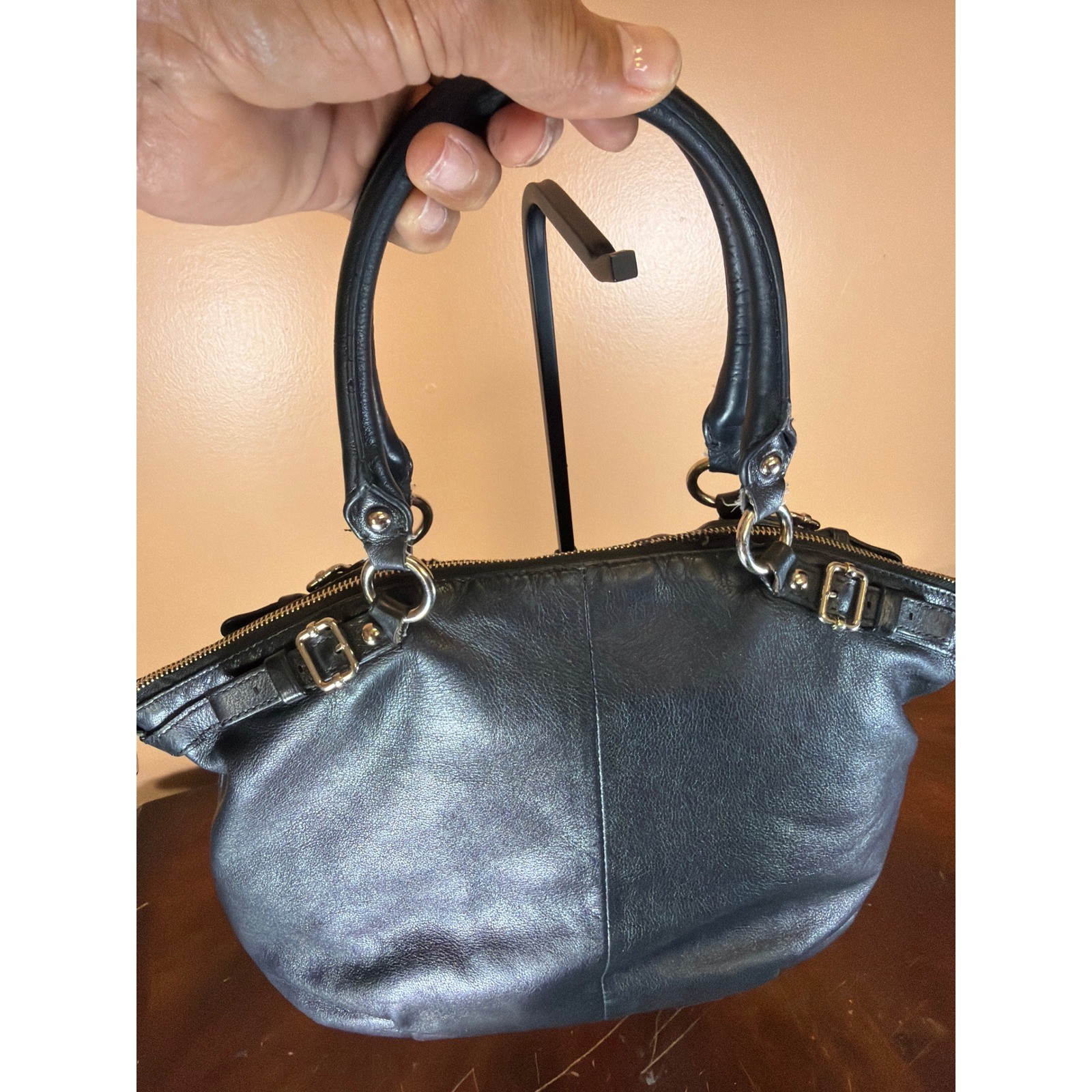 Coach Madison Black Leather Satchel Purple Lining Handbag 18641
