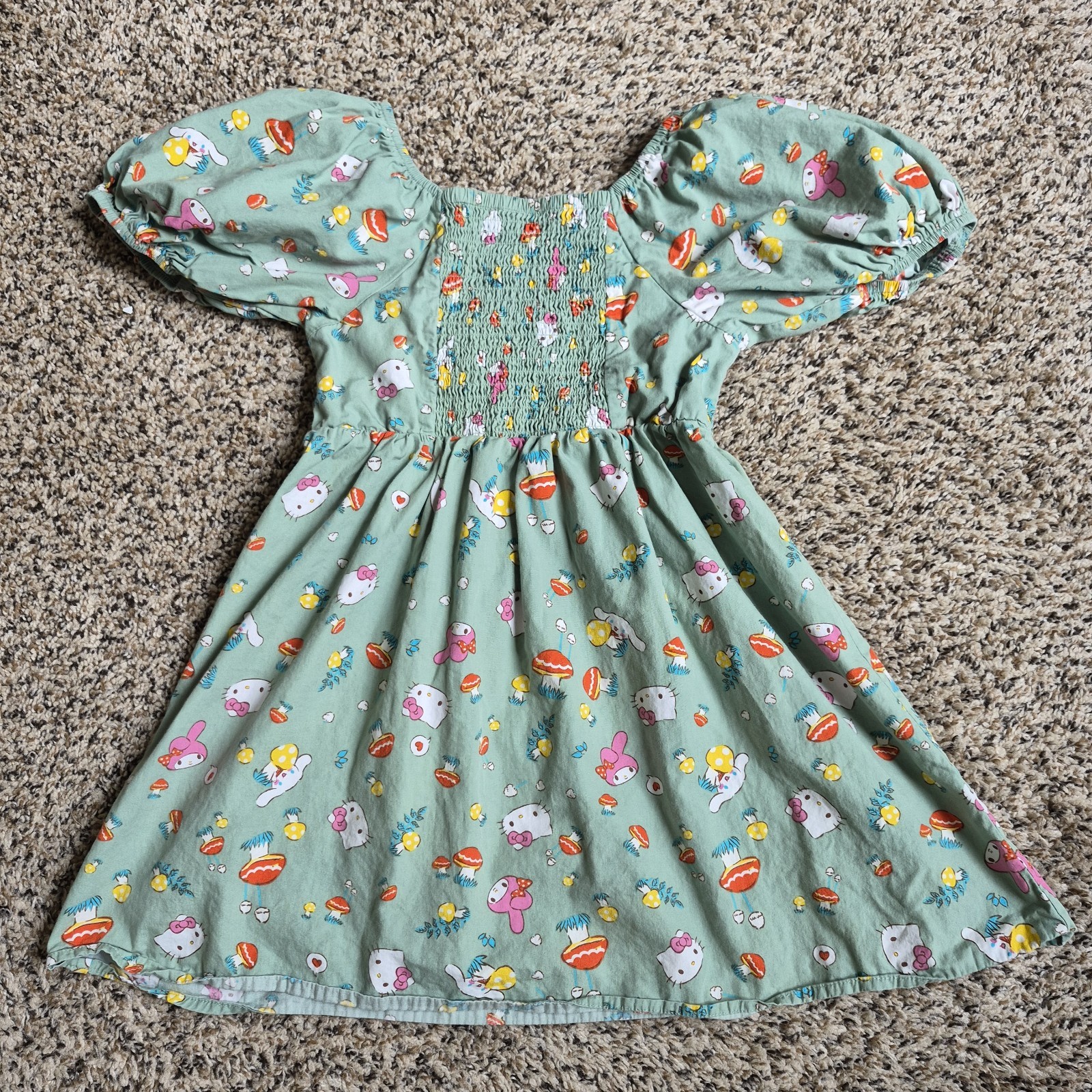 Sanrio Hello Kitty & My Melody Green Smocked Puff Sleeve Fit & Flare Dress S