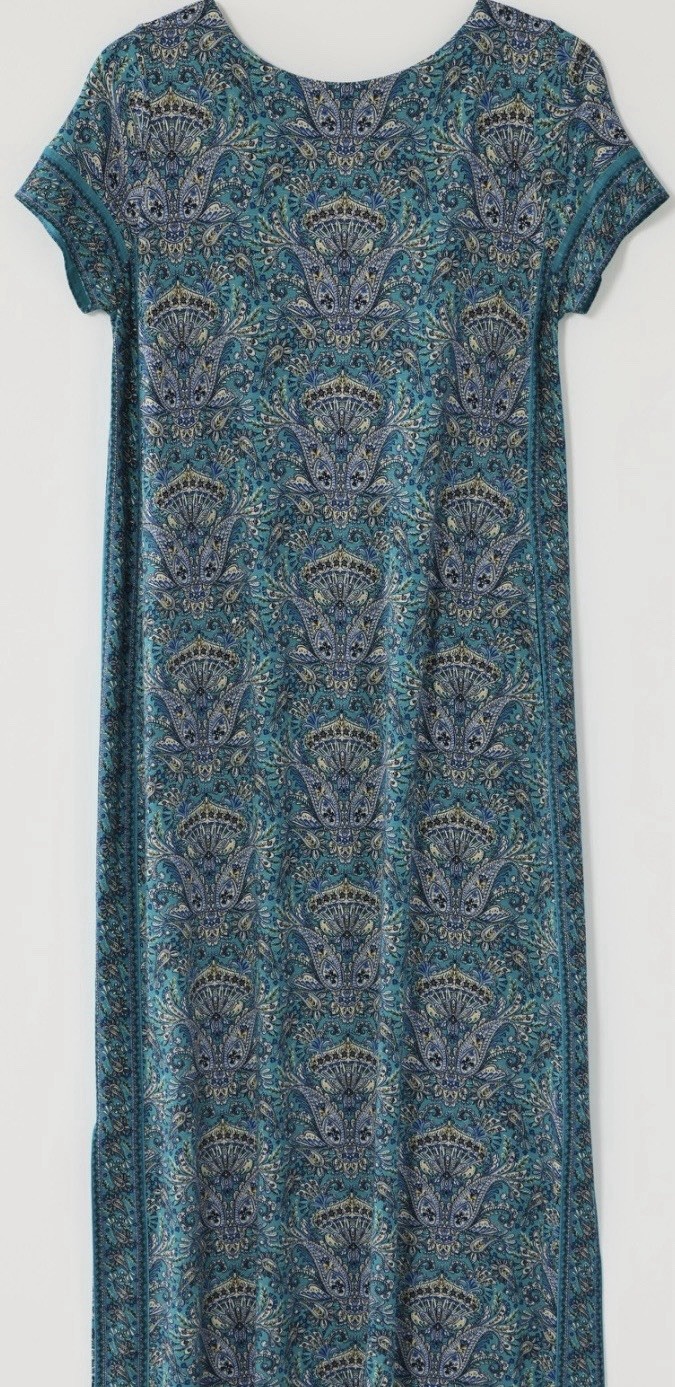 J. Jill Women’s Teal Paisley Shift Maxi Dress Scoop Neck Cap Sleeve S Petite