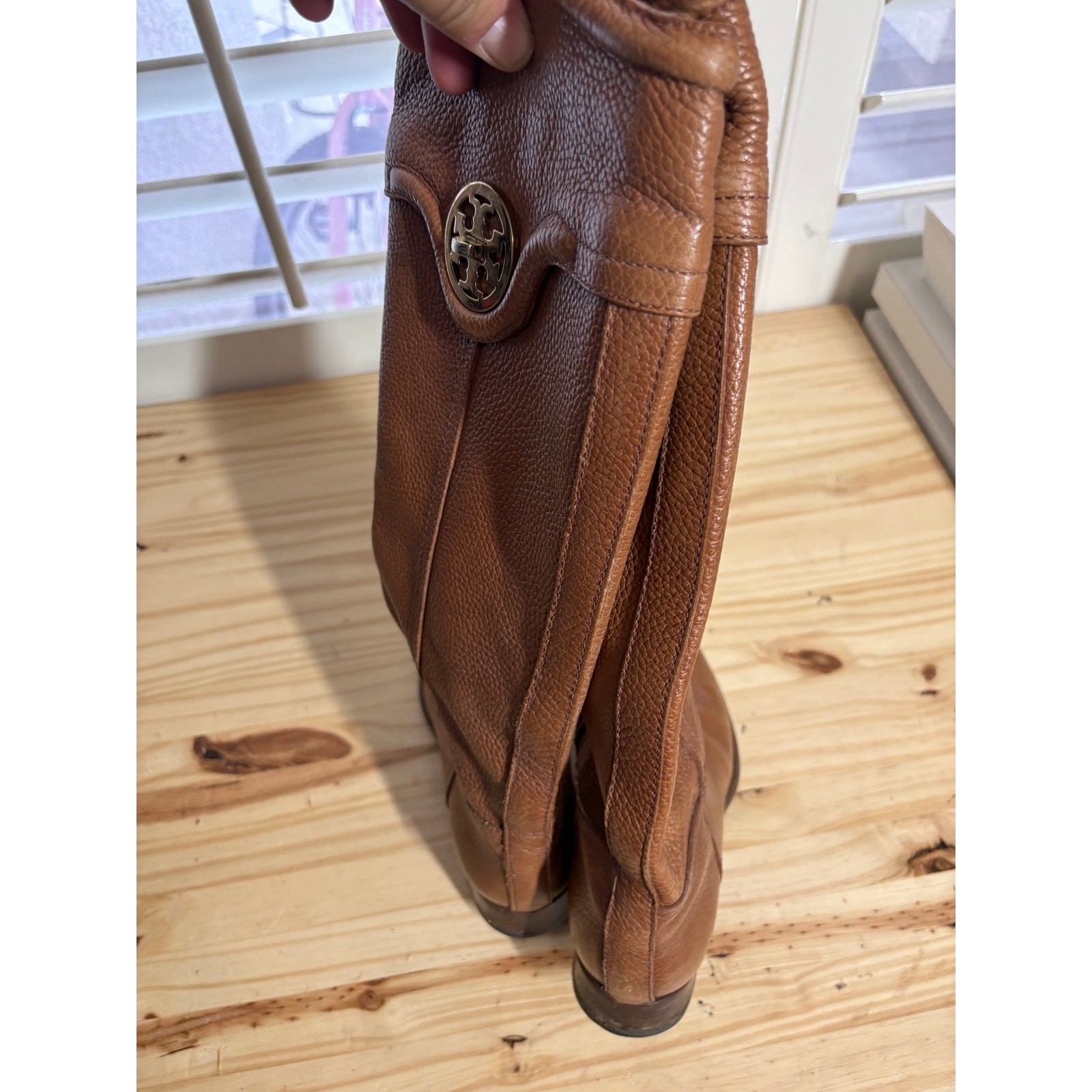 Tory Burch Size 7 Selma Riding Boots Brown Leather Knee High Zip Almond Toe