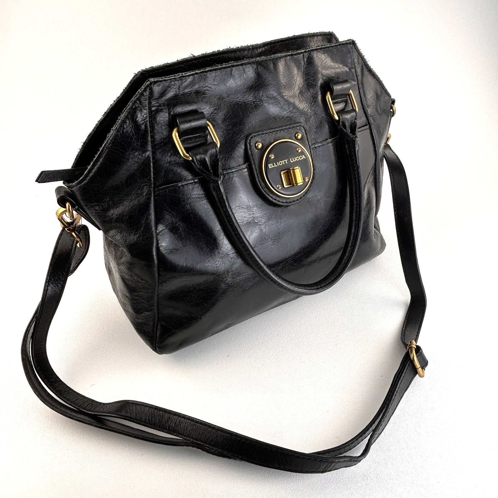 Turnlock Elliot Lucca Black Leather Satchel Crossbody Shoulder Bag Medium Purse