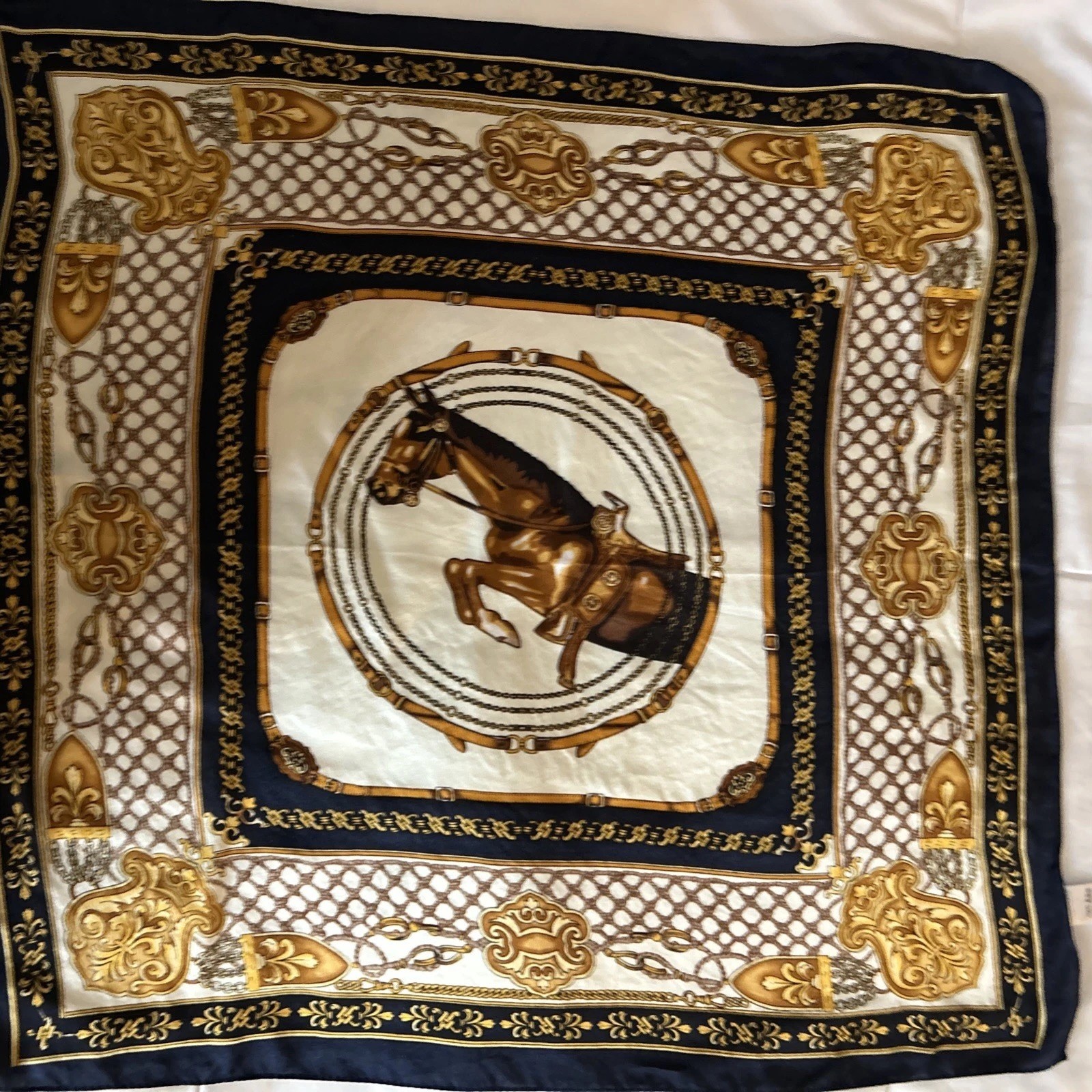 Scarf 100% Silk Gold Navy Blue And Beige Equestrian Scarf 20 Inches By 20 Inches