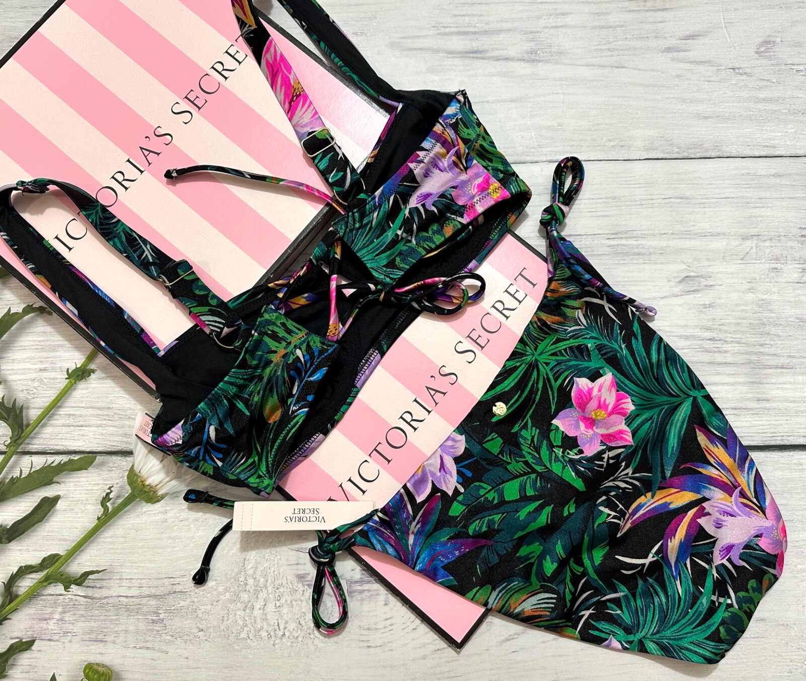 Victoria’s Secret Swim Wicked Sling Top & String Bottom Bikini Set Black Tropica