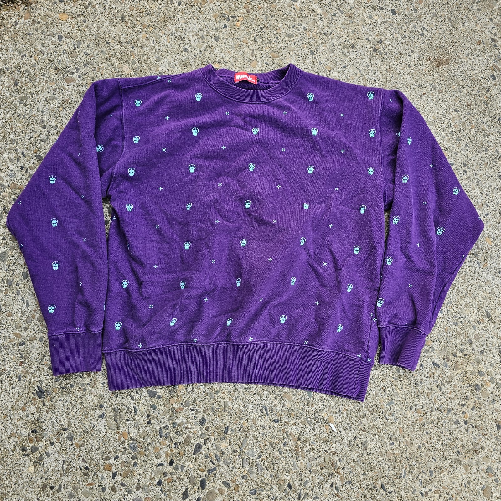 🔥 Vintage Y2K Manik Skateboards Crewneck Sweatshirt Purple Skulls AOP Men M 🔥