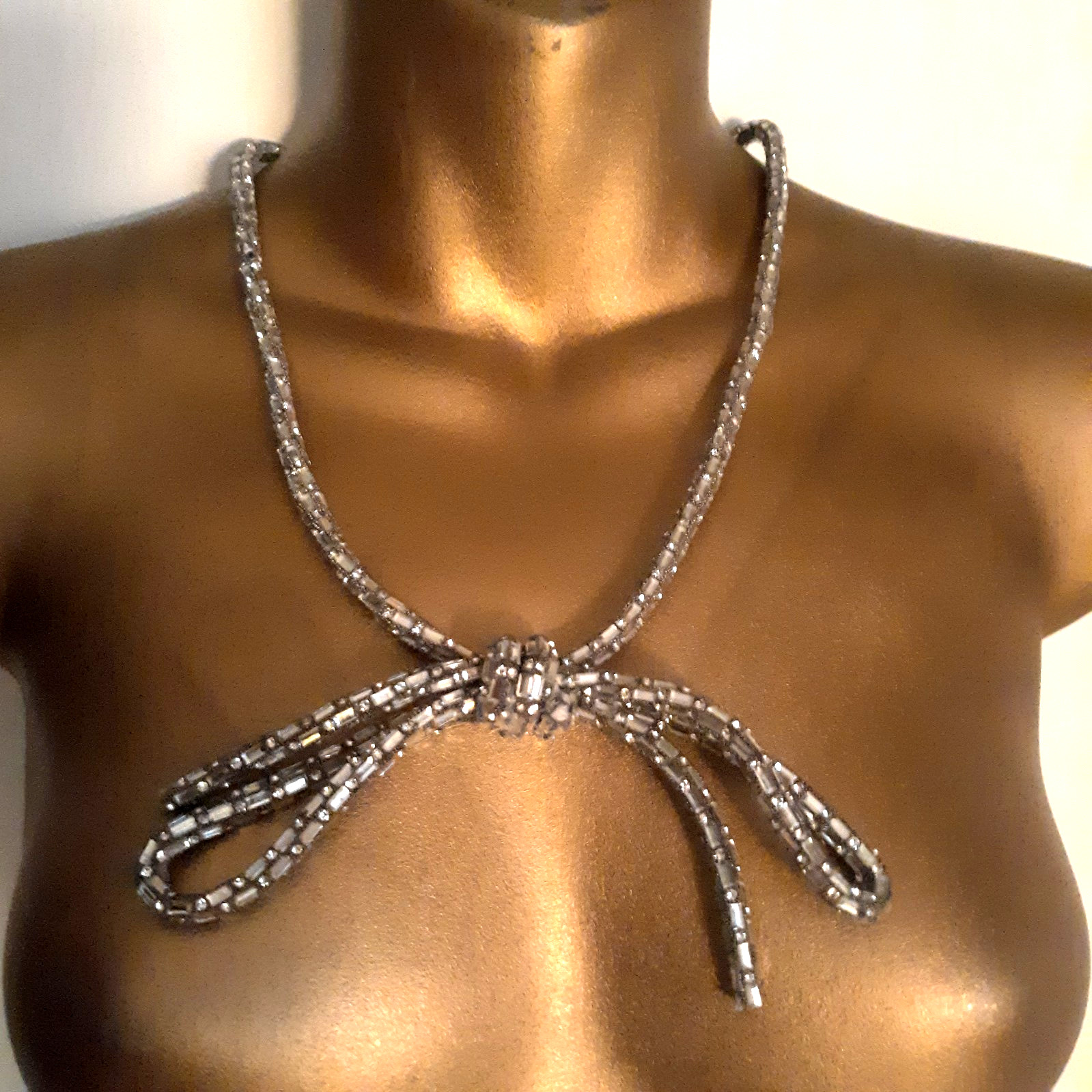 Vtg H By Halston Crystal Belt Sz L W/Bow Adj Clip Chain Clear Stones Slvr Fabric