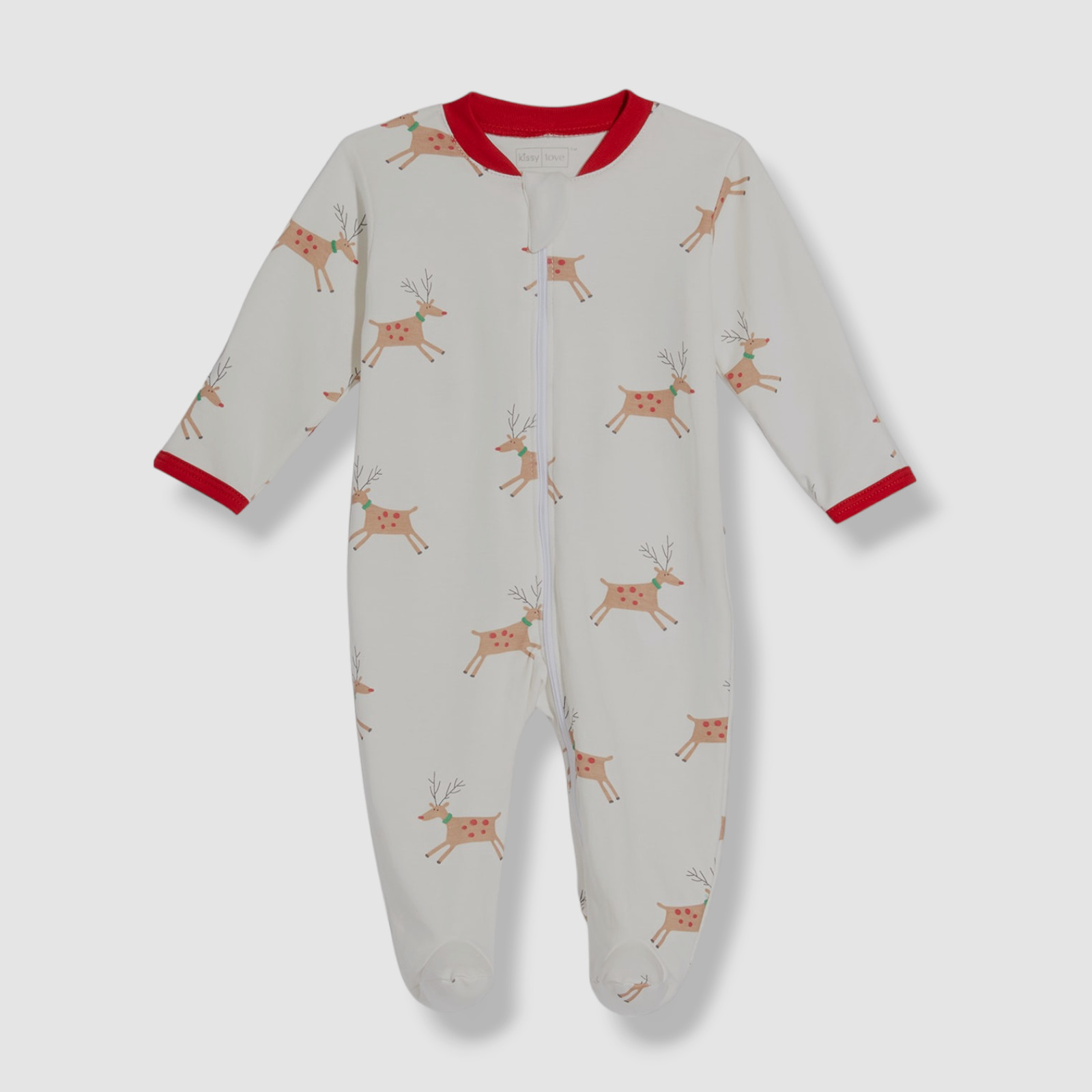 $48 Kissy Kissy Babys White Love Reindeer Cheer Zip Footie One Piece Size 0-3M