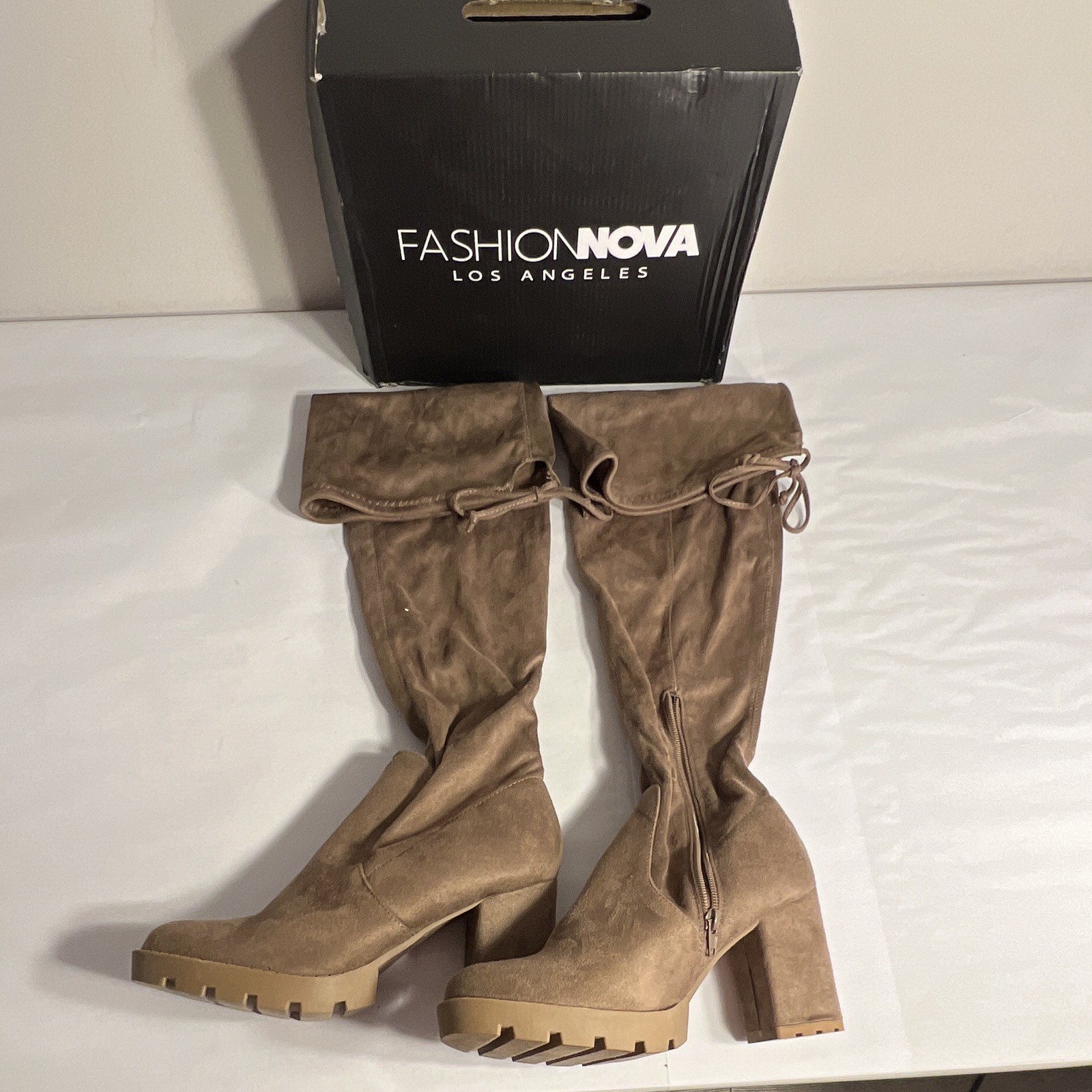 Fashion Nova Gossip-09 Taupe Suede Platform Knee High Boots Wide Calf Zip 10