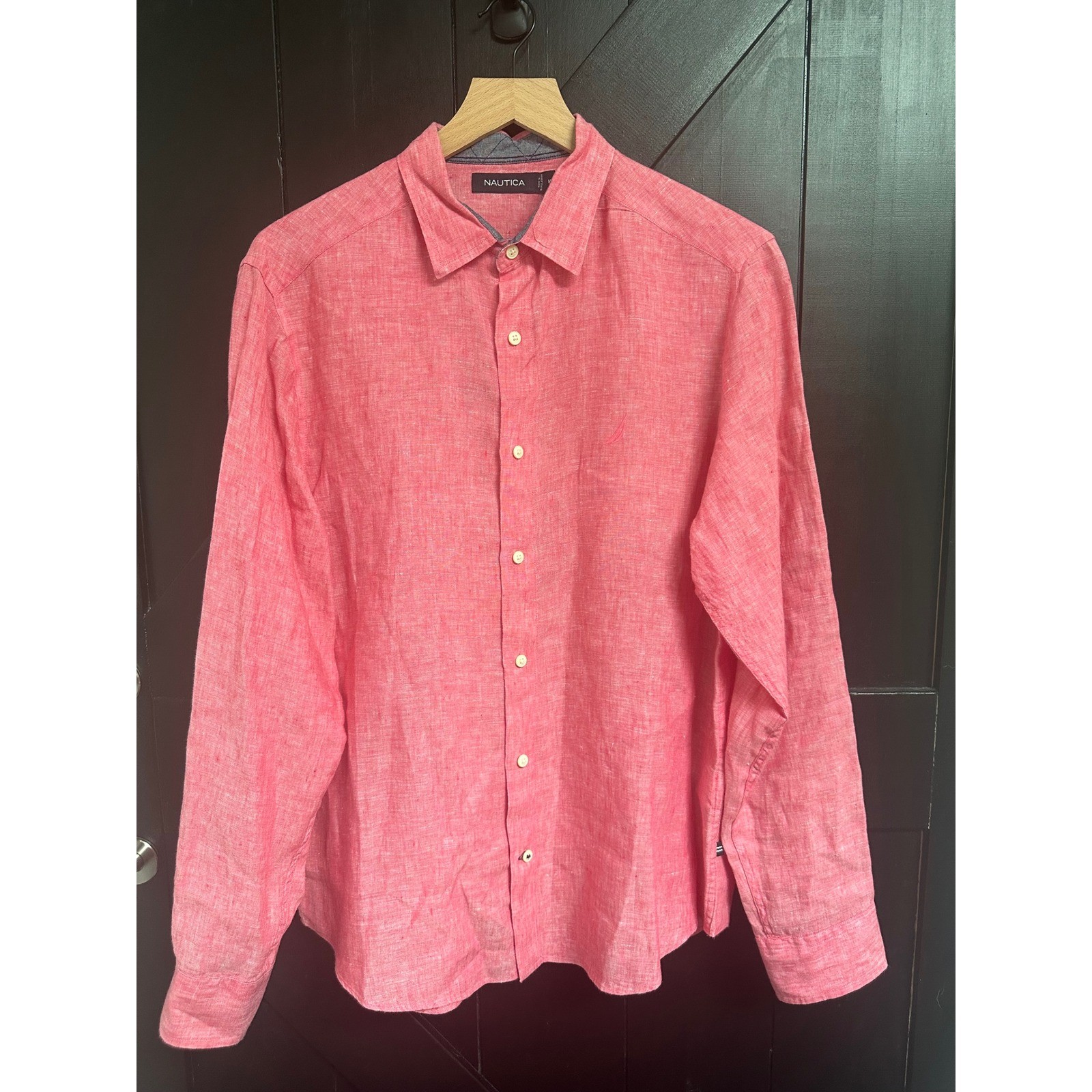 Nautica Mens Red 100% Linen Long Sleeve Button Down Shirt Size M Coastal Preppy