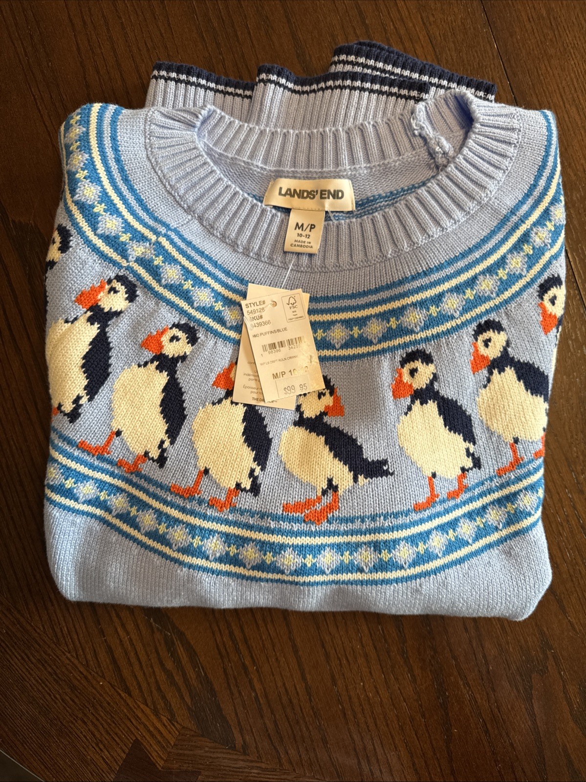 Land’s End PUFFIN Drifter Jacquard Raglan Crew Neck Sweater NWT SIZE MEDIUM/P