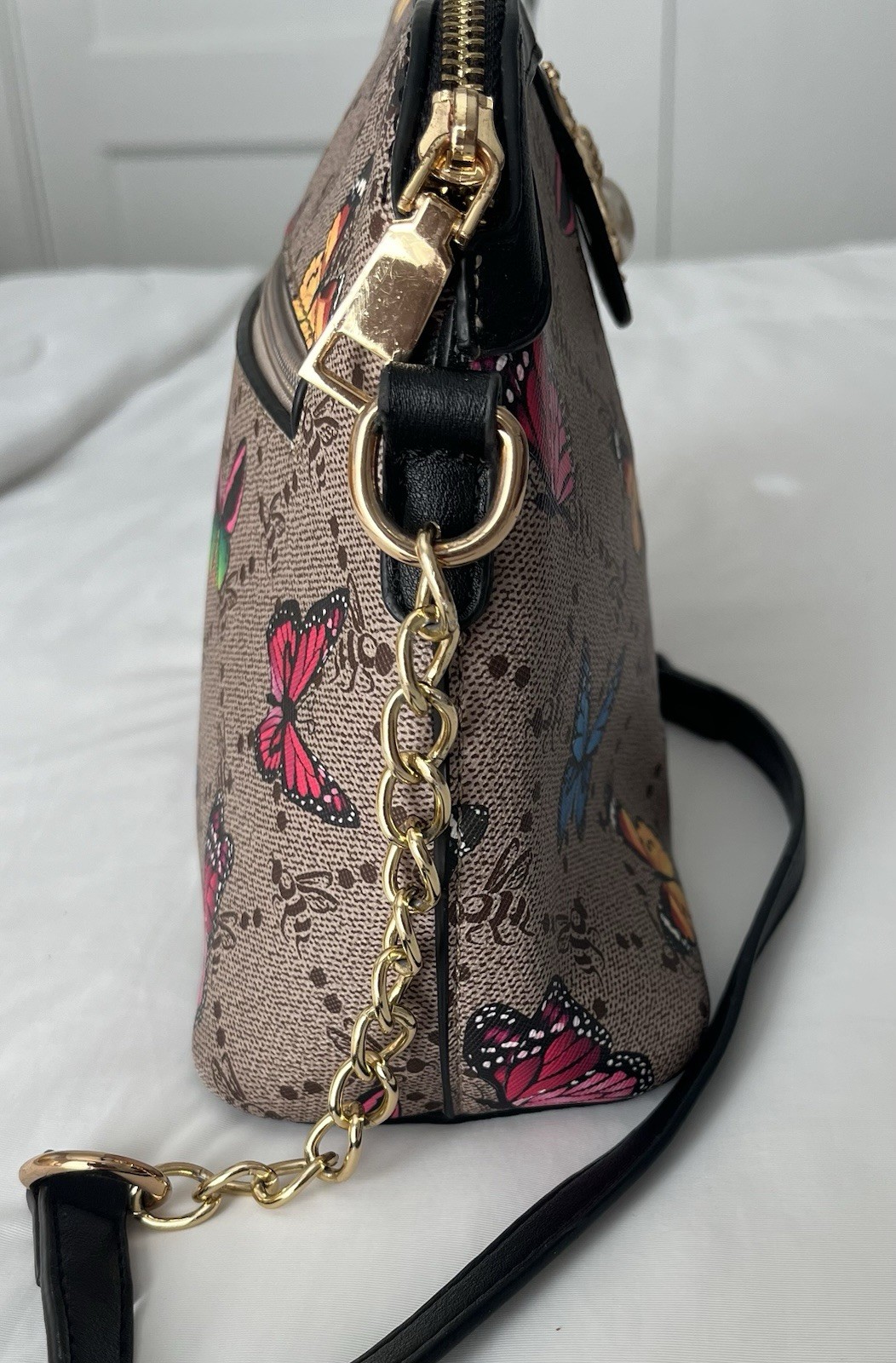 Brown Multicolor Butterfly Crossbody Bag Zip, Gold HW, Chain Bee, Adj Strap