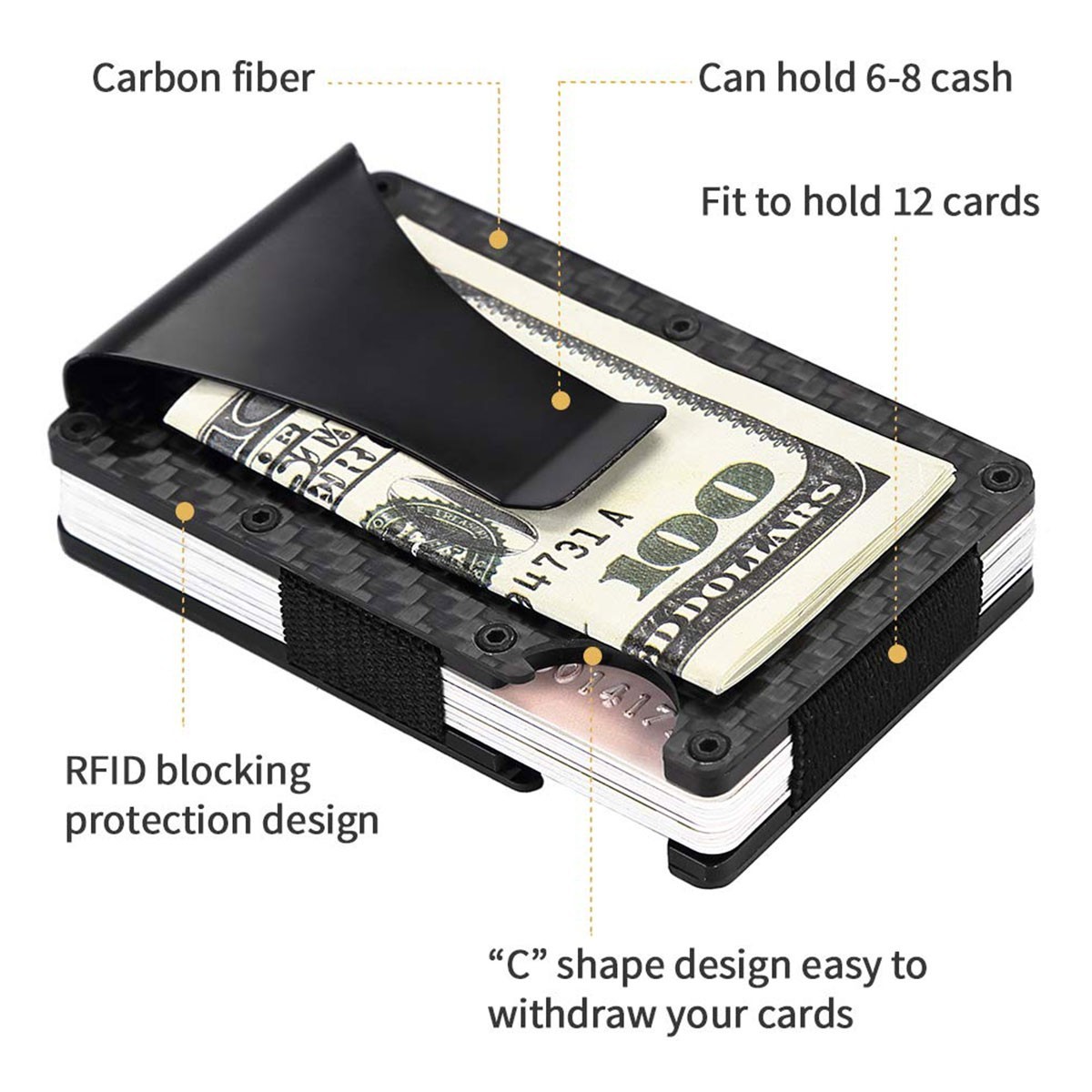 Carbon Fiber Minimalist RFID Blocking Wallet -Slim Metal Credit Card Holder Clip