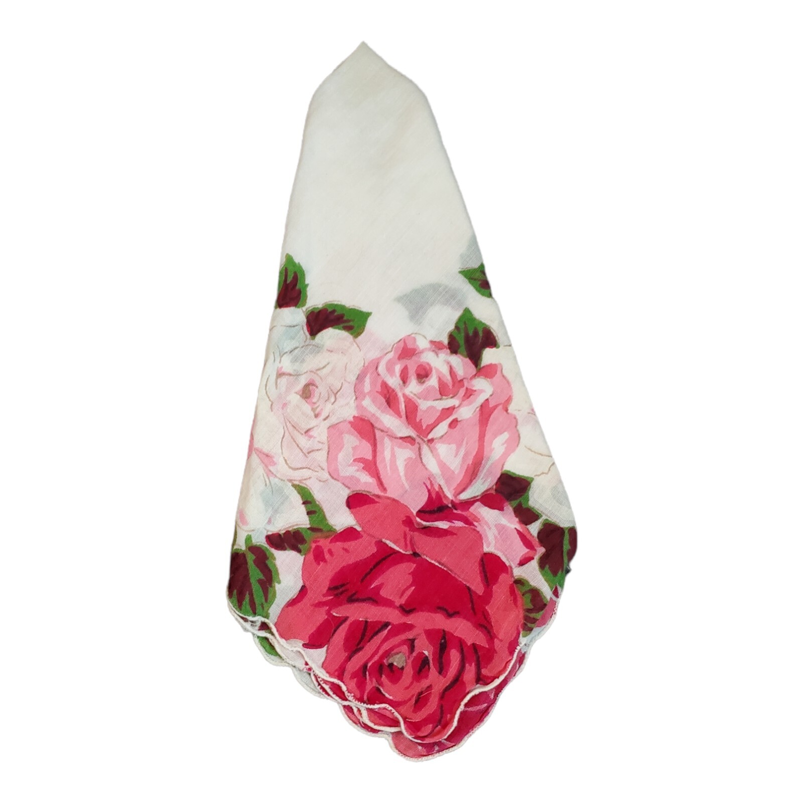 Vintage Red Pink White Roses Handkercheif 12 X 12.75″