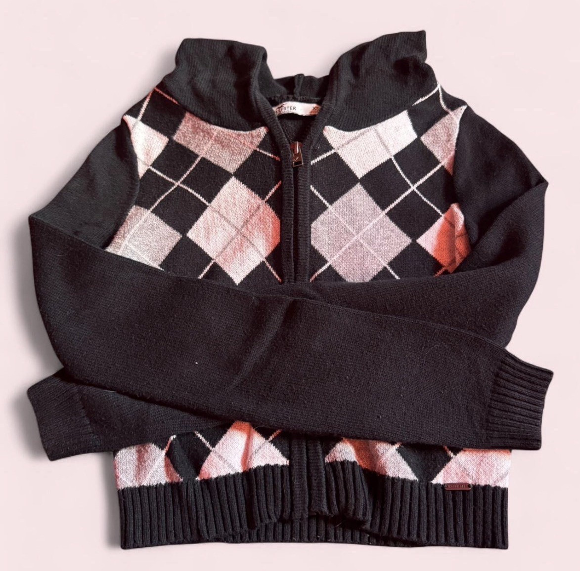 Hollister Full Zip Hooded Argyle Knit Cotton Hoodie XS Black Pink Gray White