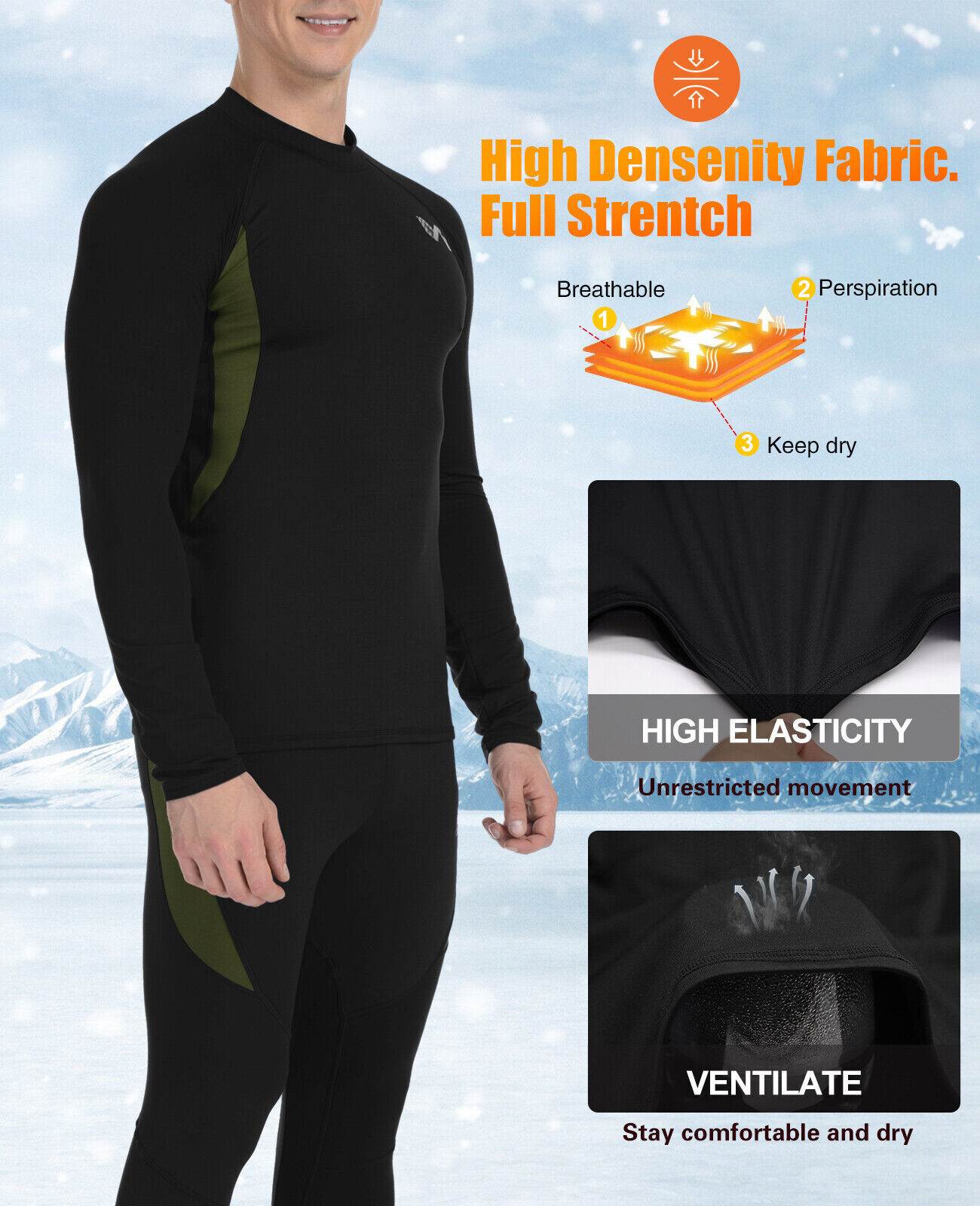 Mens Sport Thermal Underwear Set Long Sleeve Thermals T Shirt + Long Johns