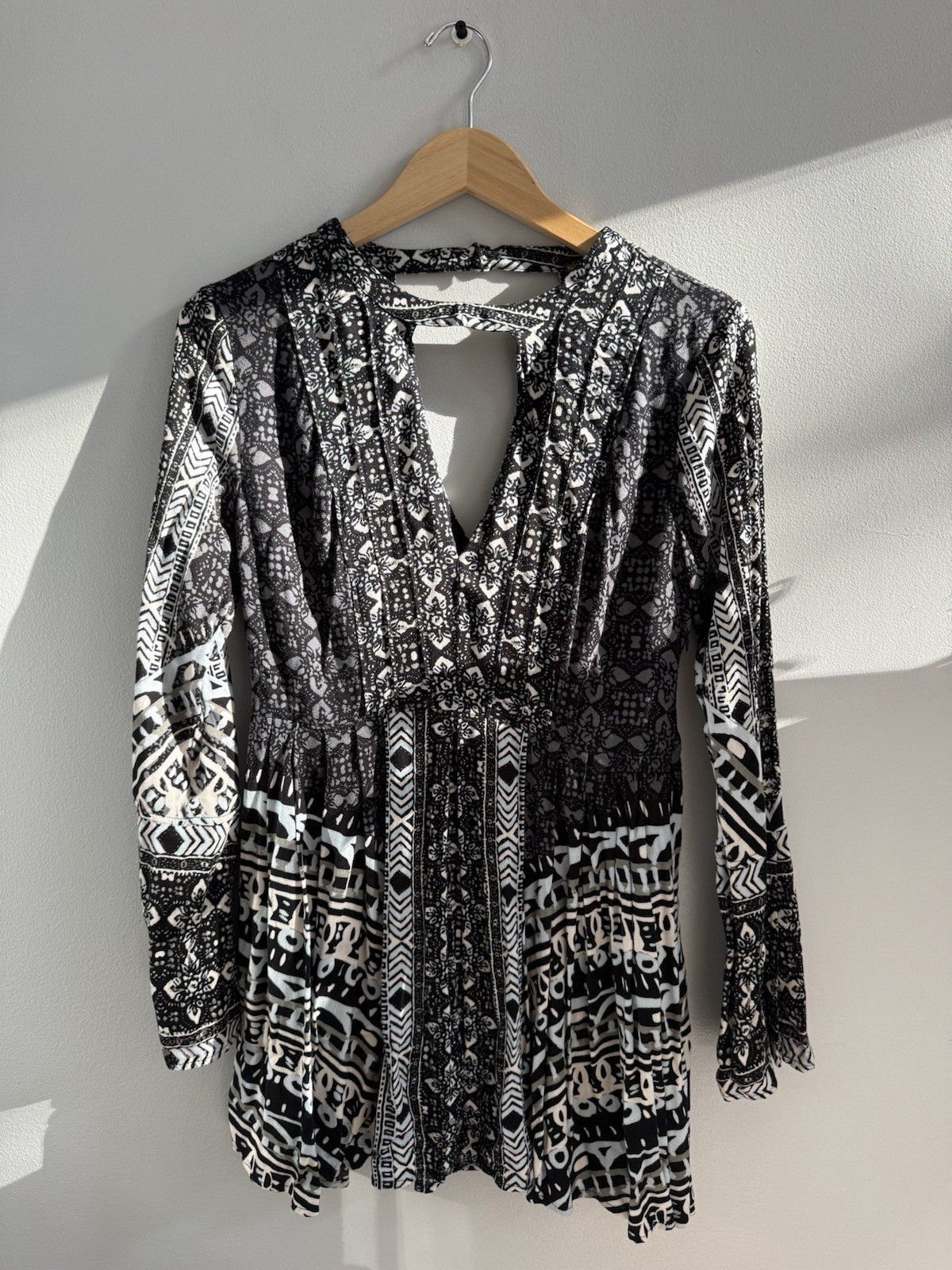 Free People Tegan Border Print Mini Dress Women’s 6 Swing Keyhole Boho Pockets