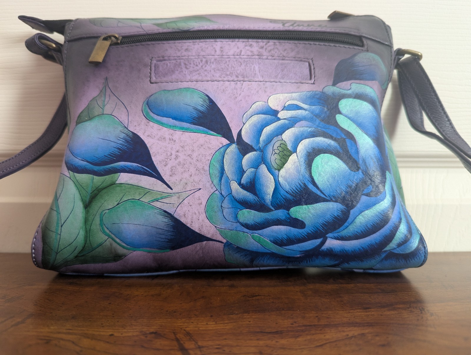 Anna Anuschka Hand Painted Medium Crossbody Purse Bag “Precious Peony Eggplant”