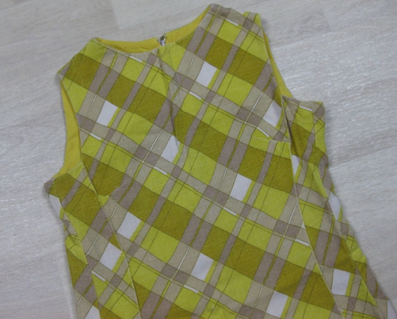 Vintage 60s Mini Sheath Shift Dress (S) Plaid Yellow Day Glo Sleeveless MOD