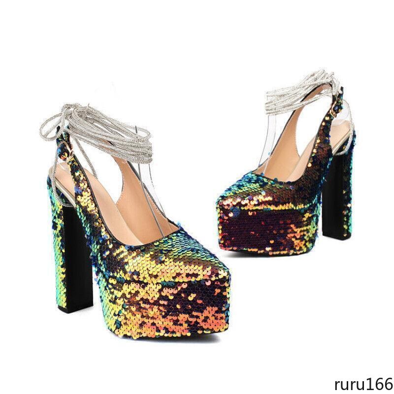 Women Sequin Platform Slingback Square Toe Block High Heel Buckle Pumps shoes