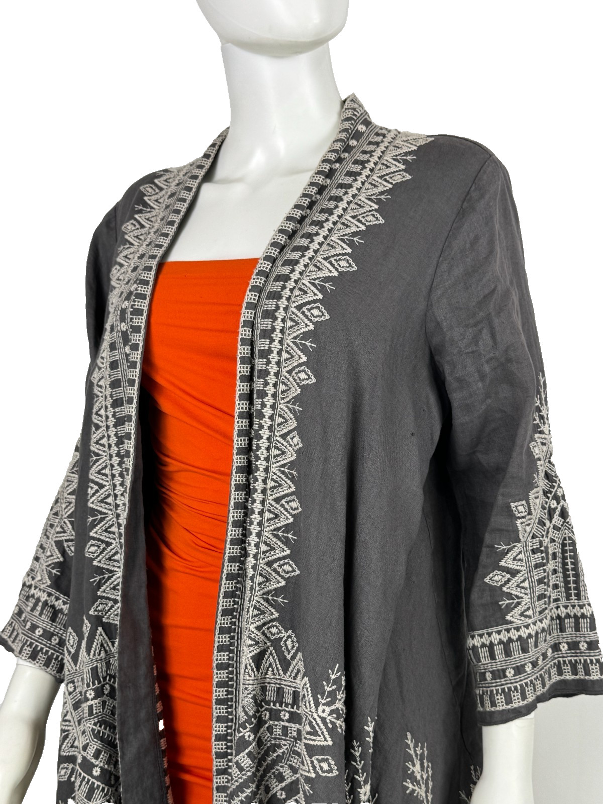 Johnny Was Gray 100% Linen Kimono Cardigan Top 8 10 US 44 46 IT M Embroidered