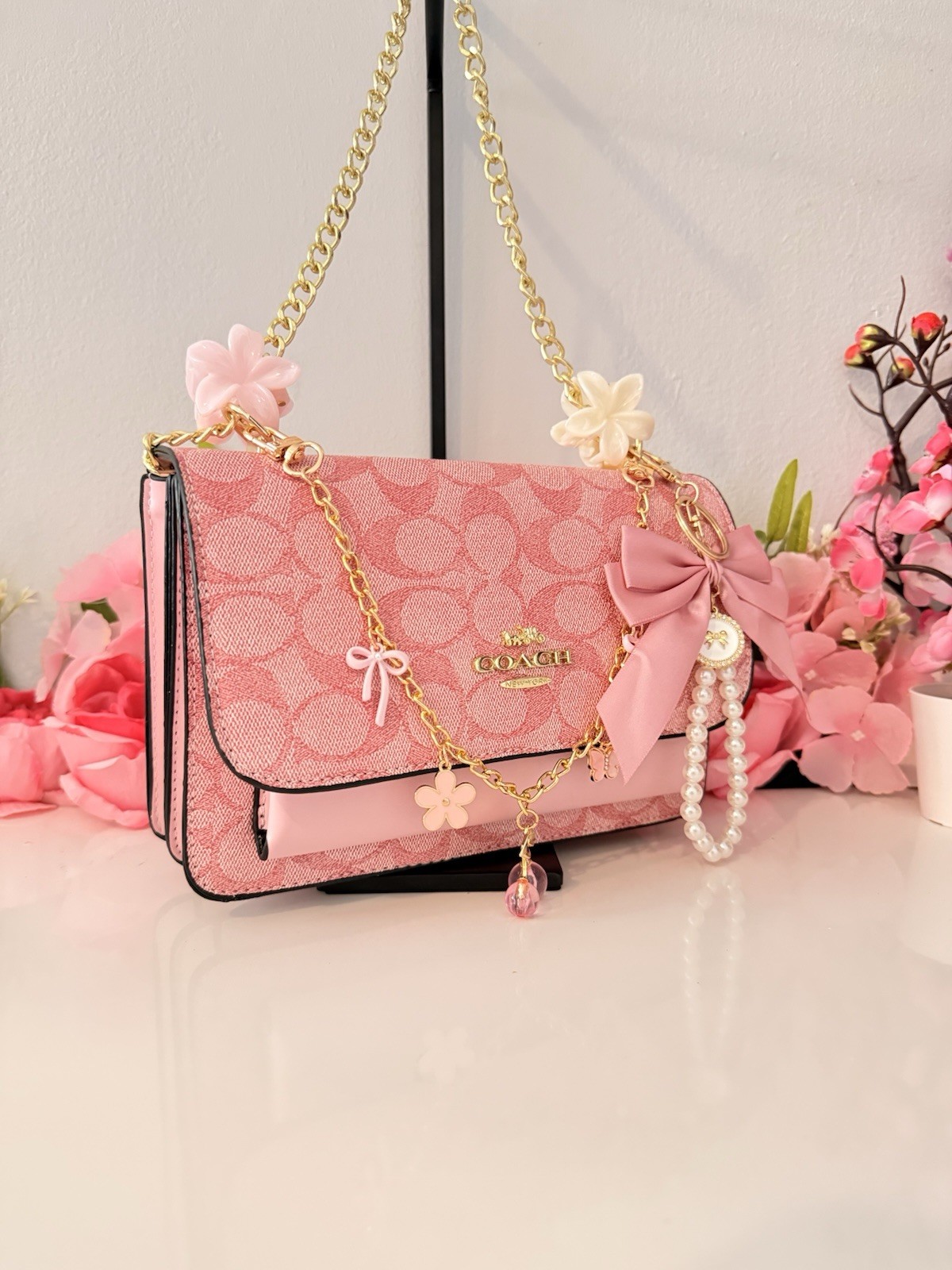 Coach Pink Logo Flap Shoulder Bag w/ Gold Chain Strap & Bow Charm