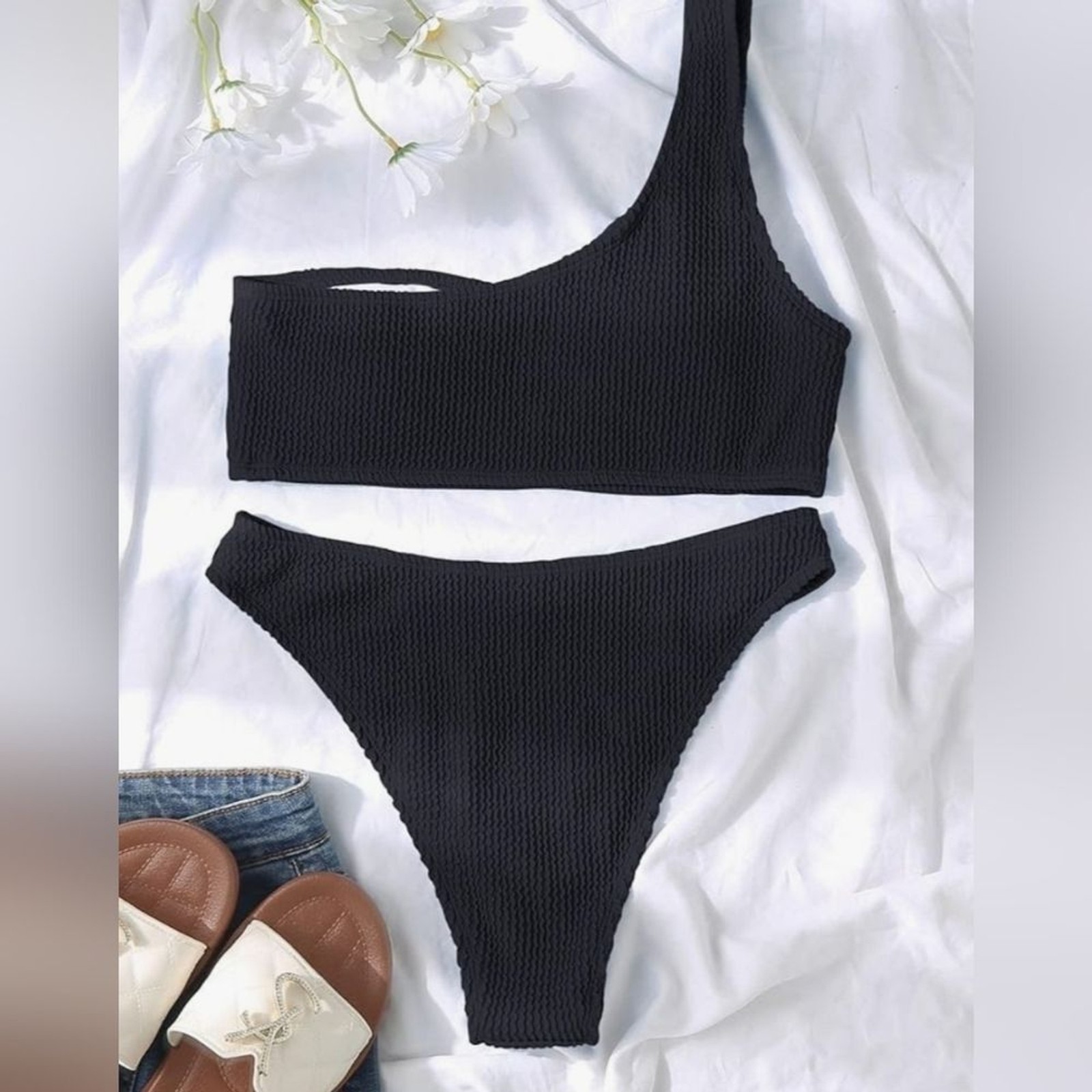 Limeeke Women One Shoulder Bikini Ribbed Textured Two Piece Swimsuit High Cut.
