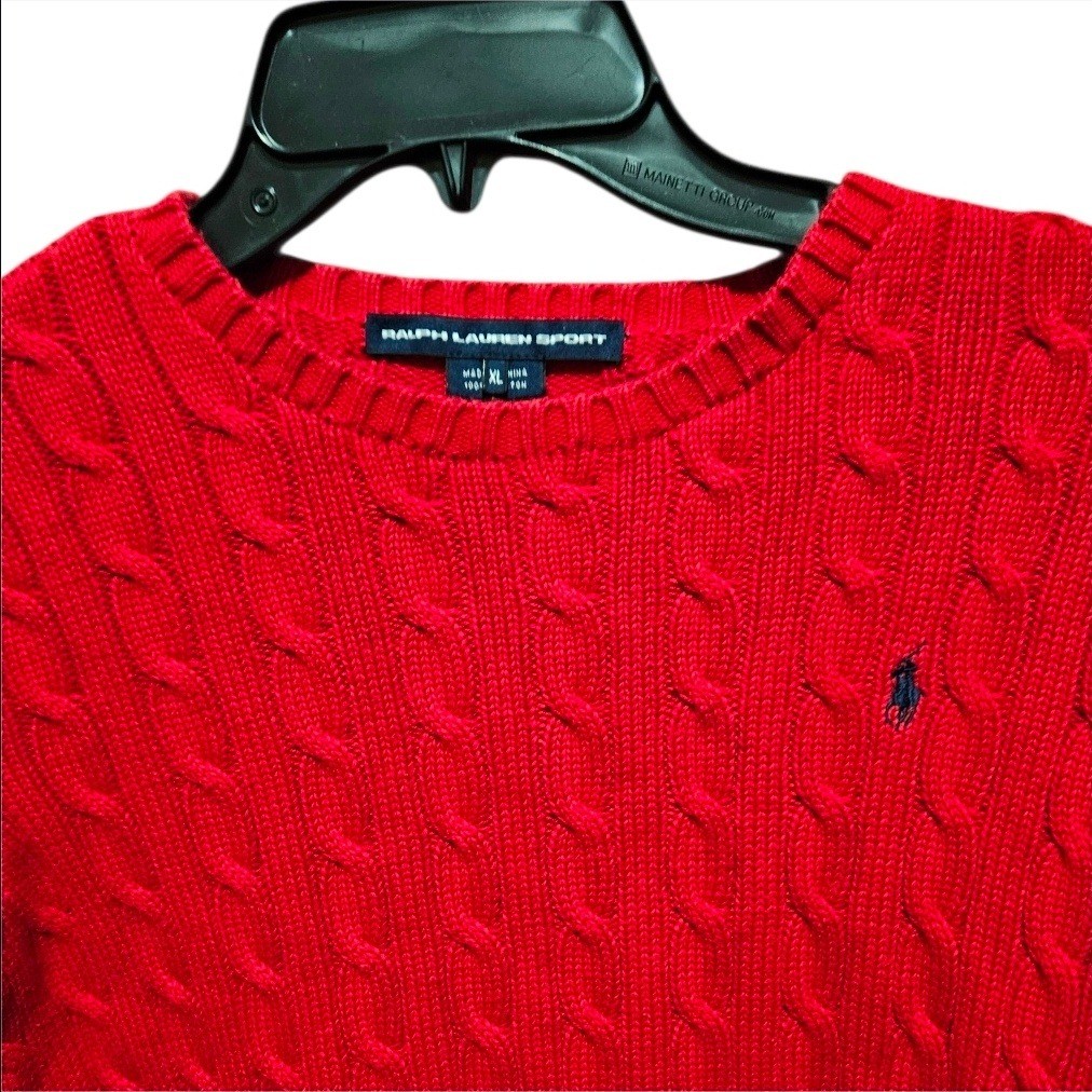 Ralph Lauren Sport Kids Red Cable Knit Sweater XL Embroidered Pony Old Money