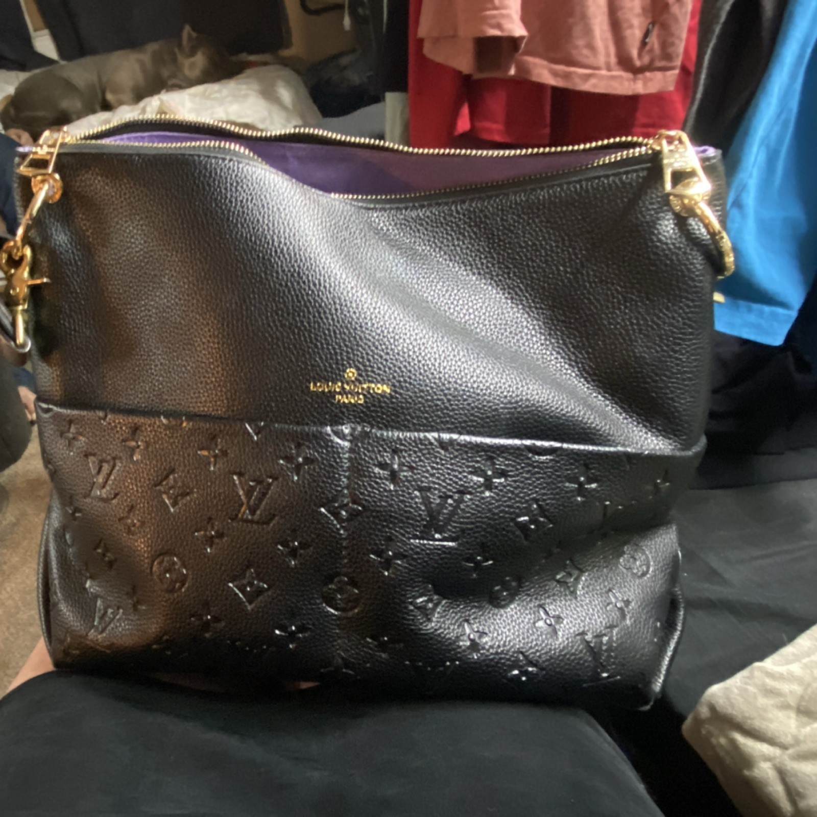 Louis Vuitton Black Monogram Empreinte Shoulder Bag Gold Hardware Zip Purple