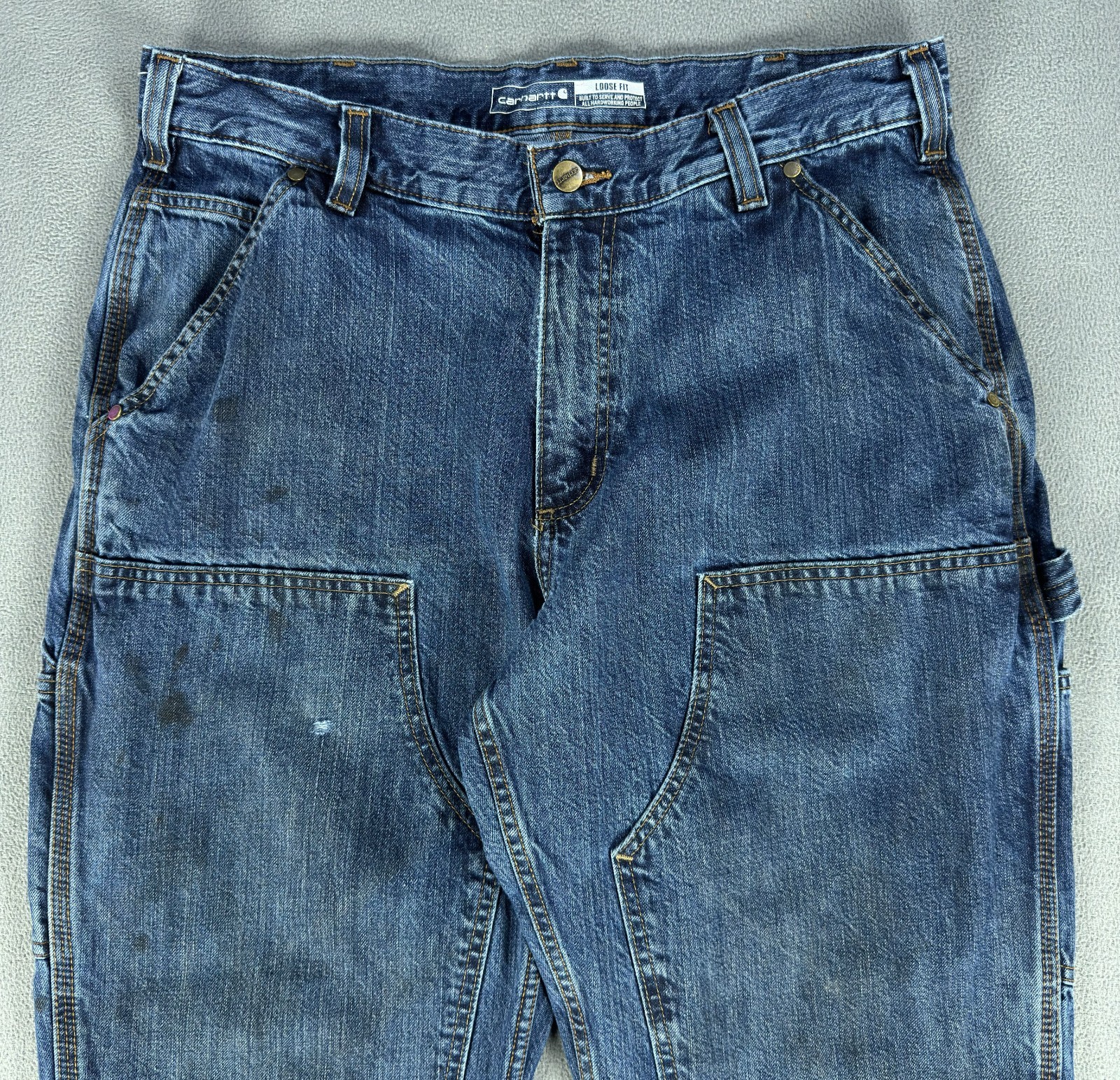 Carhartt Jeans 34×32 Blue Distressed Faded Stain Double Knee Dungaree Loose