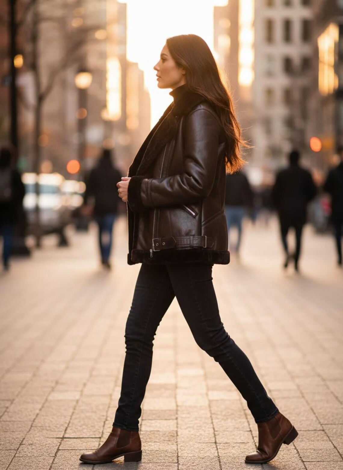 Womens Dark Brown Lambskin Leather B3 Bomber Jacket, Faux Shearling Moto Coat
