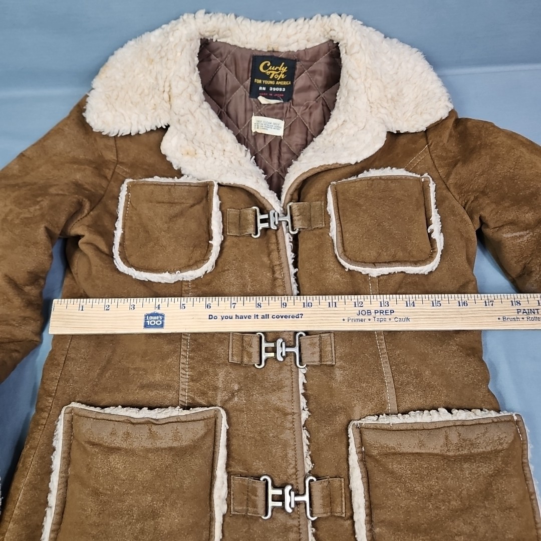 Vtg Curly Top Sheepskin Style Shearling 4 Pocket Lined Clasp Jacket Size 7/8