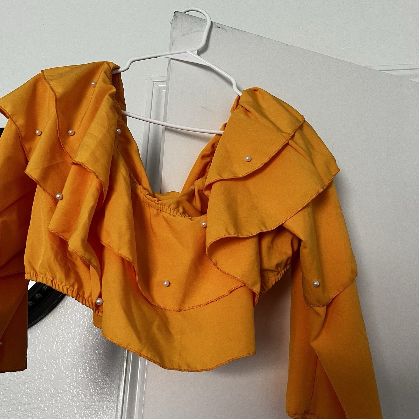 Plus Size 3XL Yellow Solid Off-the-Shoulder Long Sleeve Cropped Blouse w/ Ruffle