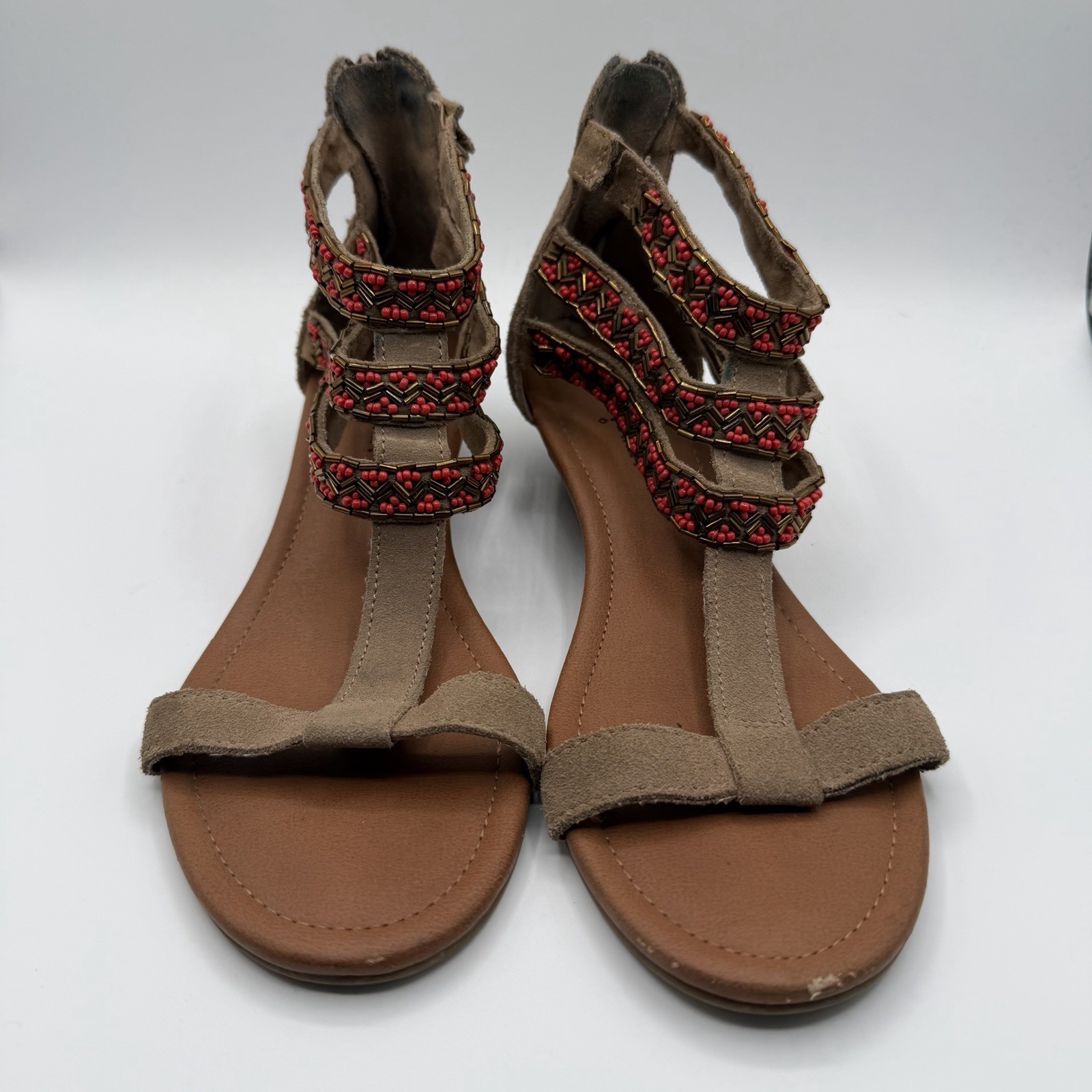 Minnetonka Beaded Gladiator Wedge Sandals Leather Back Zip Boho Size 7