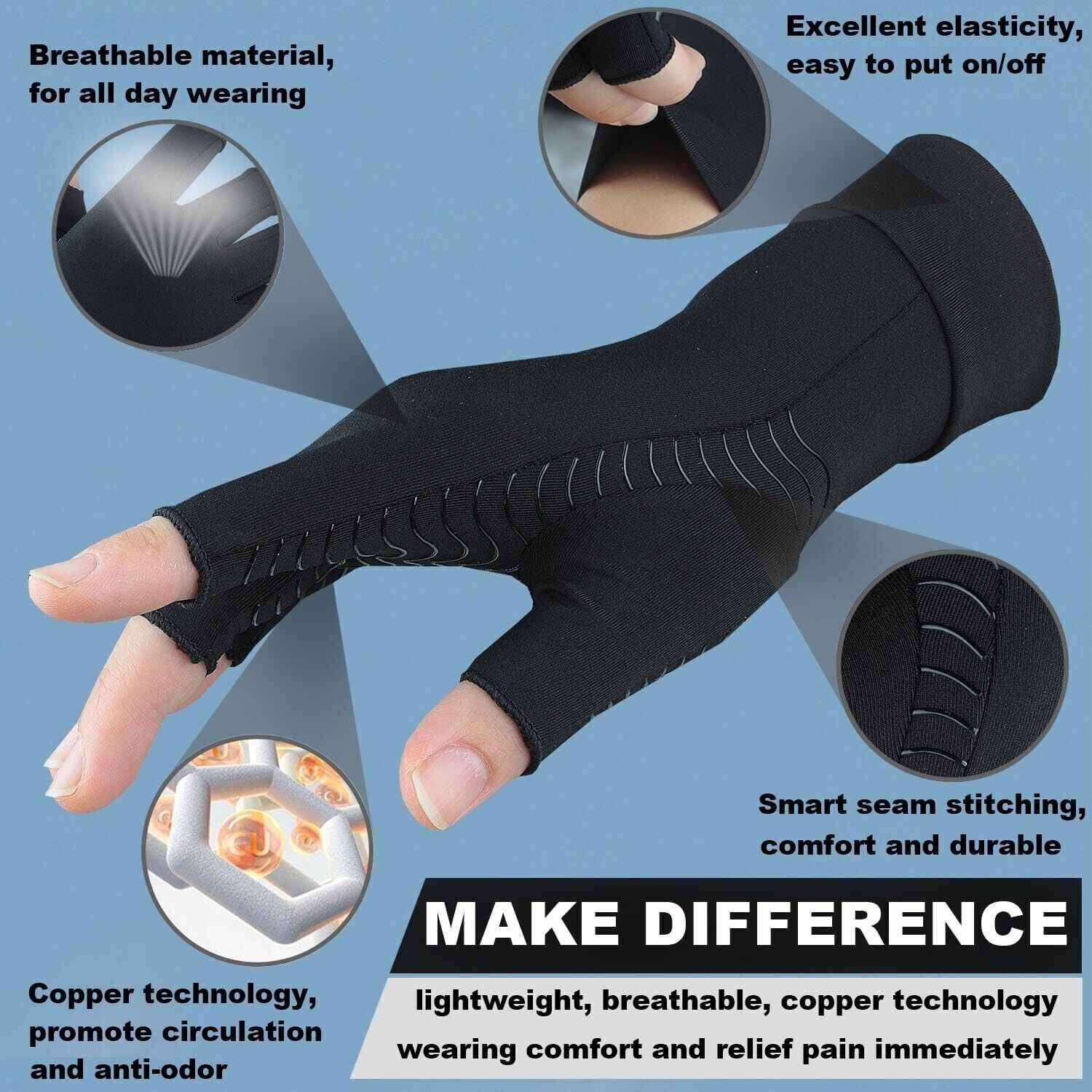 1 Pairs(2pc) Copper Arthritis Compression Gloves Hand Support Joint Pain Relief